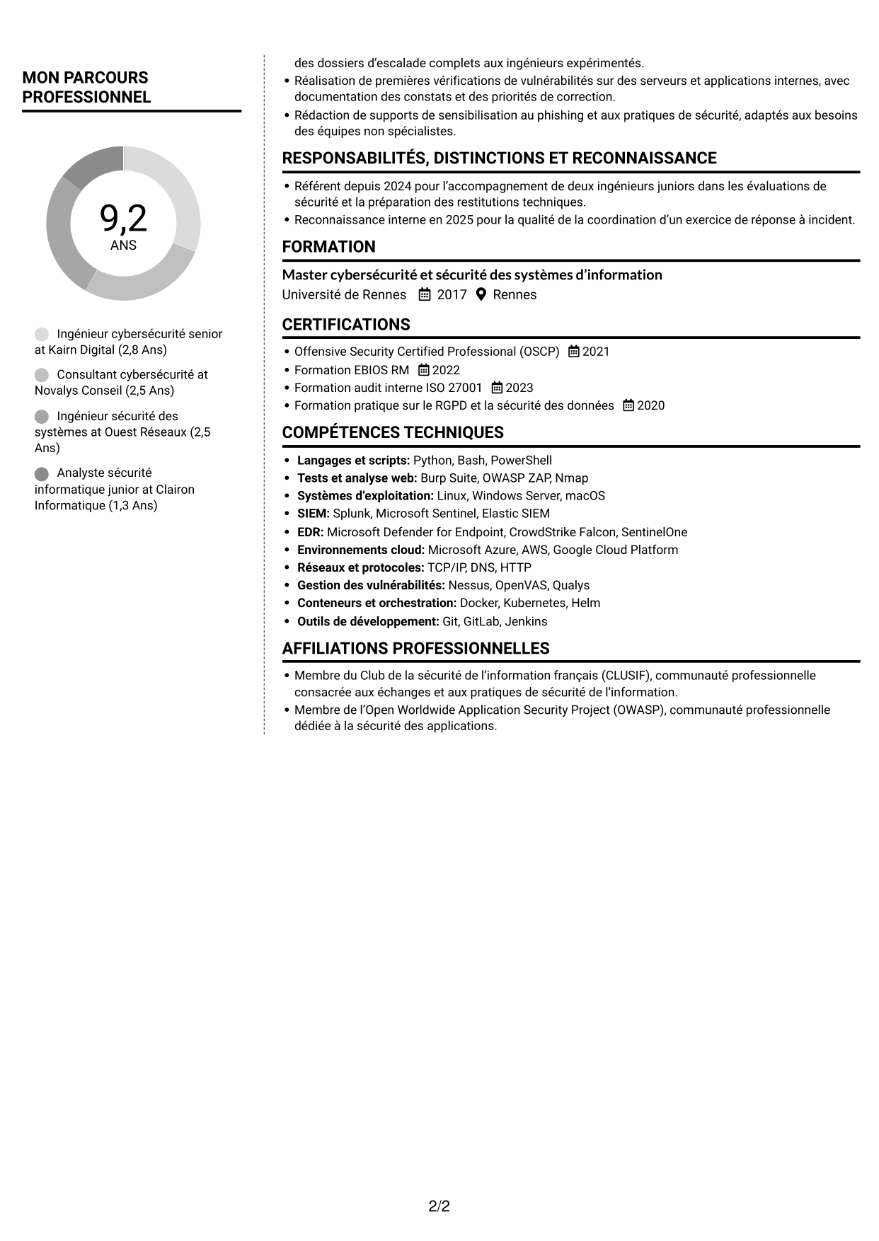 CV Moderne (format à deux colonnes avec photo à gauche et séparateur) : Ingénieur cybersécurité senior - Red Team, page 2