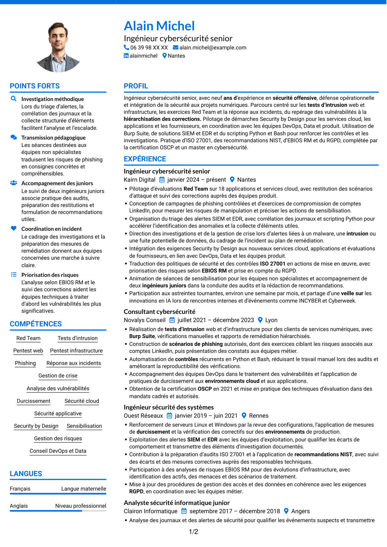 CV Audacieux (format à deux colonnes avec accents colorés et photo) : Ingénieur cybersécurité senior - Red Team, page 1