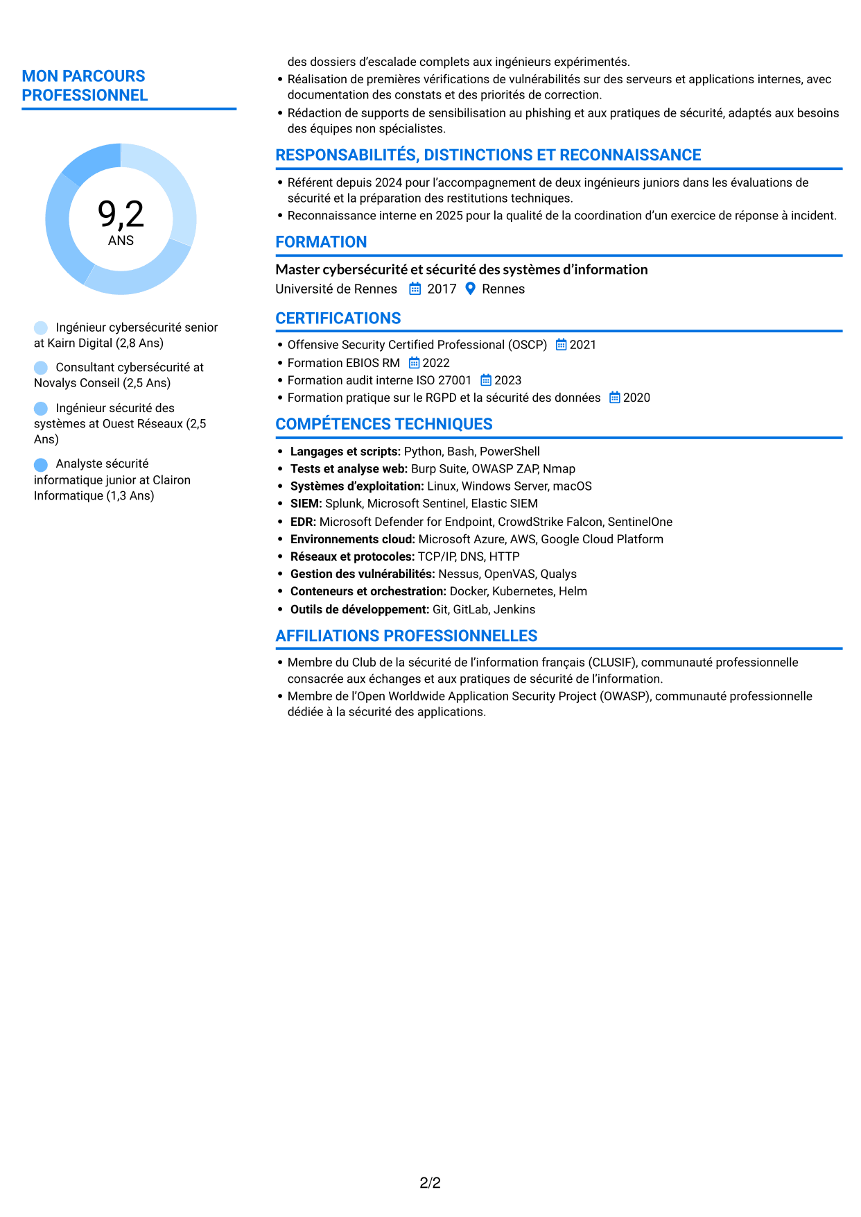 CV Audacieux (format à deux colonnes avec accents colorés et photo) : Ingénieur cybersécurité senior - Red Team, page 2