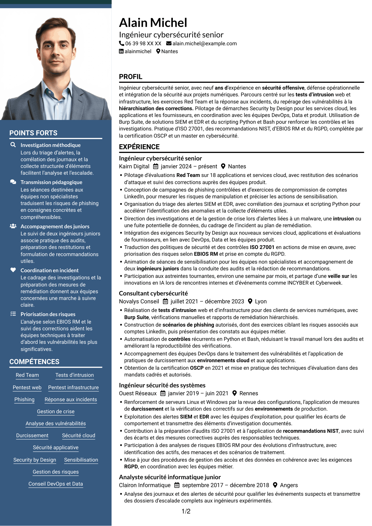 CV Signature (format à colonne latérale colorée avec grande photo) : Ingénieur cybersécurité senior - Red Team, page 1