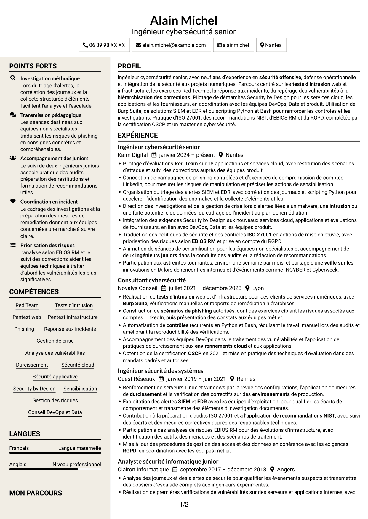 CV Fonceur (format à deux colonnes avec en-tête centré sans photo) : Ingénieur cybersécurité senior - Red Team, page 1