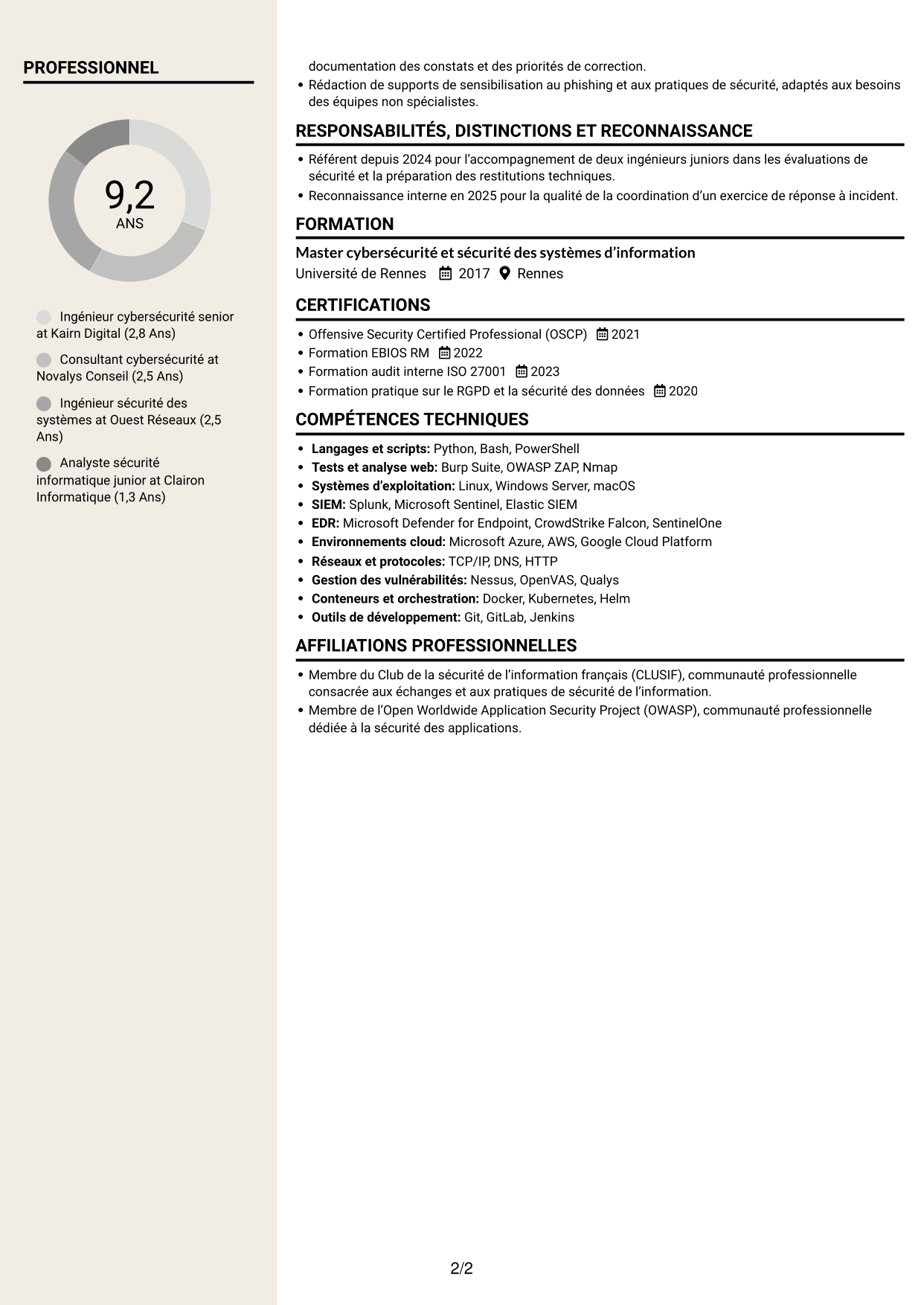 CV Fonceur (format à deux colonnes avec en-tête centré sans photo) : Ingénieur cybersécurité senior - Red Team, page 2