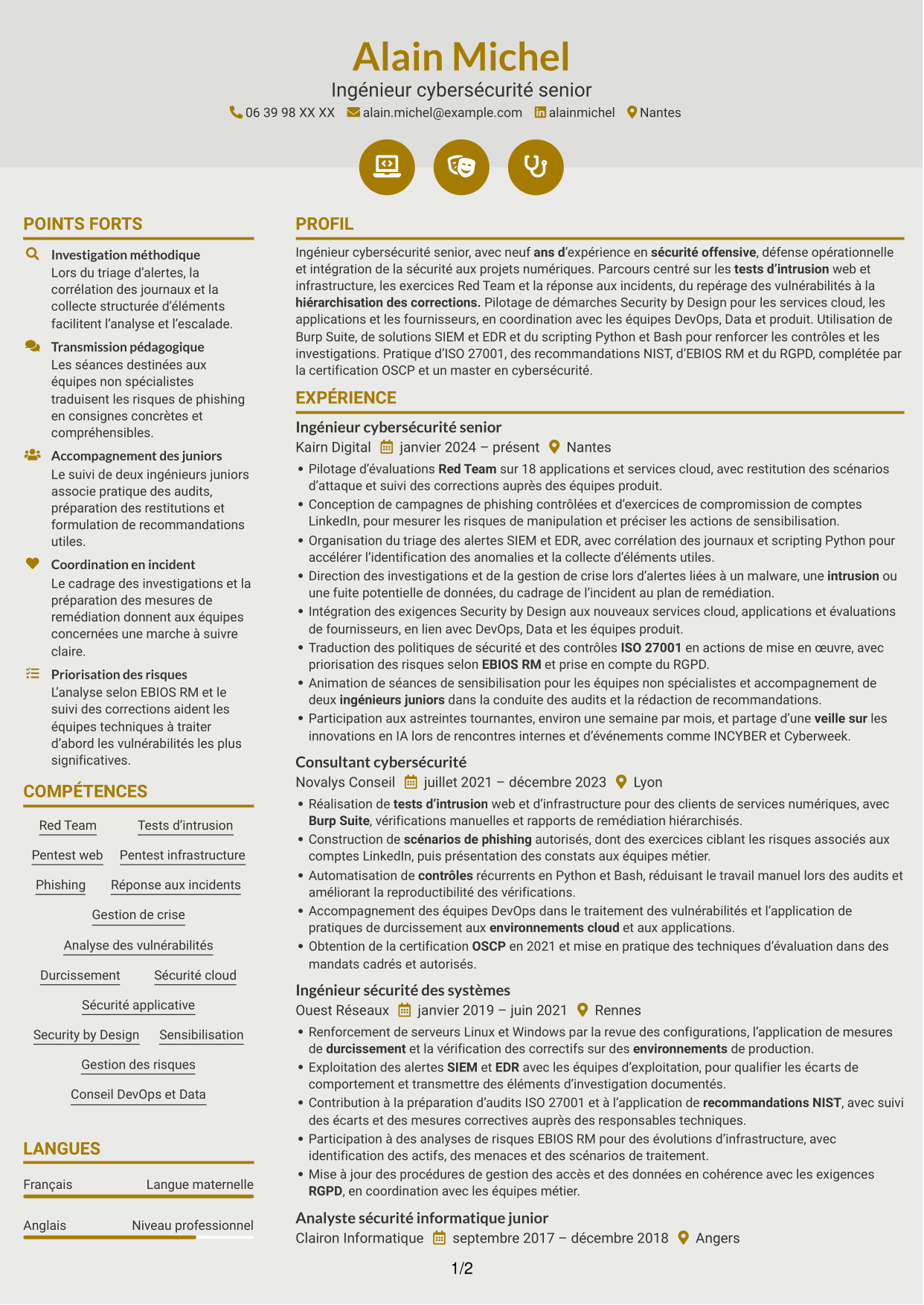 CV Dynamique (format à deux colonnes avec icônes) : Ingénieur cybersécurité senior - Red Team, page 1