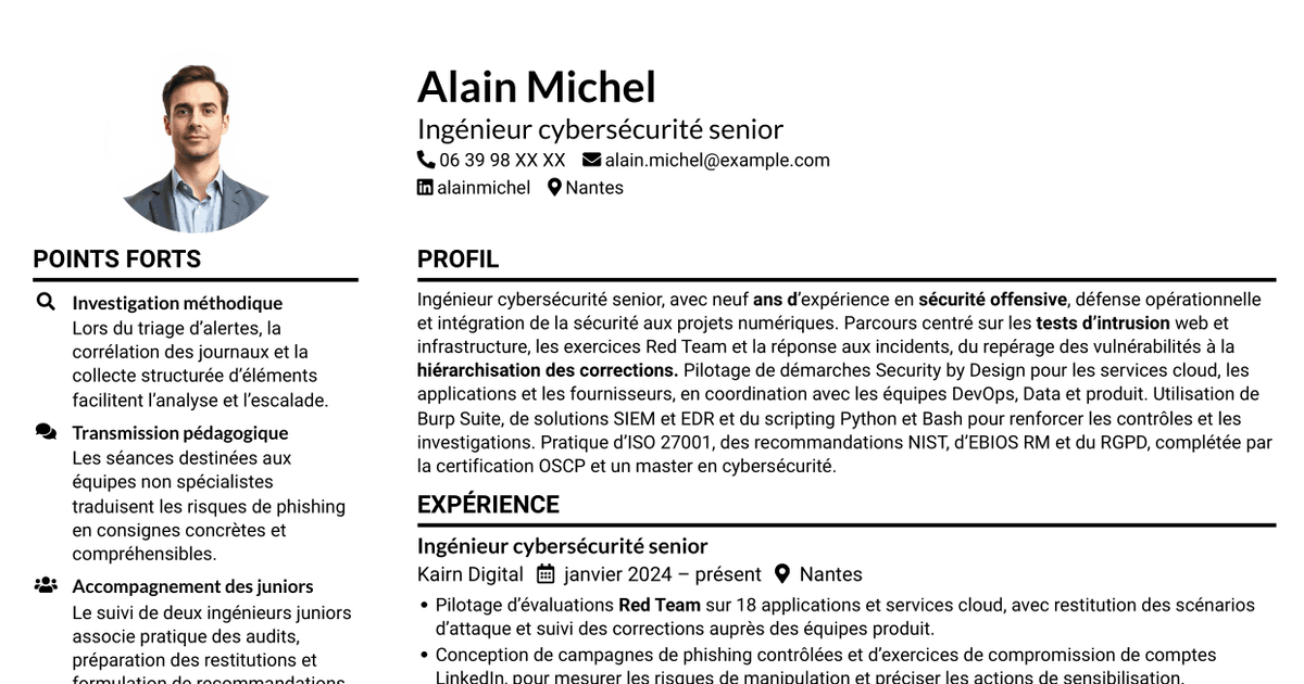7 modèles de CV pour Ingénieur cybersécurité senior - Red Team, avec exemples
