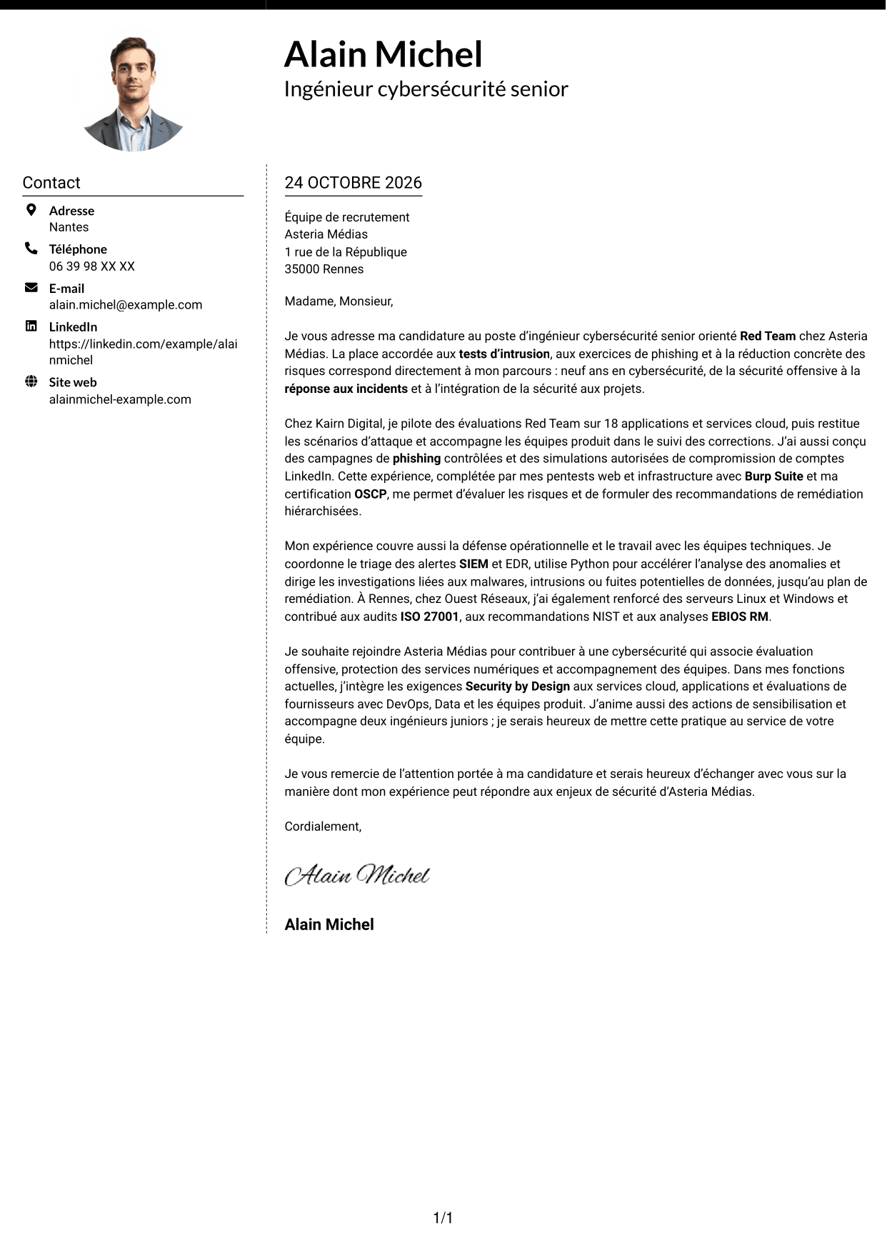Lettre de motivation Moderne (format à deux colonnes avec photo à gauche et séparateur) : Ingénieur cybersécurité senior - Red Team, page 1