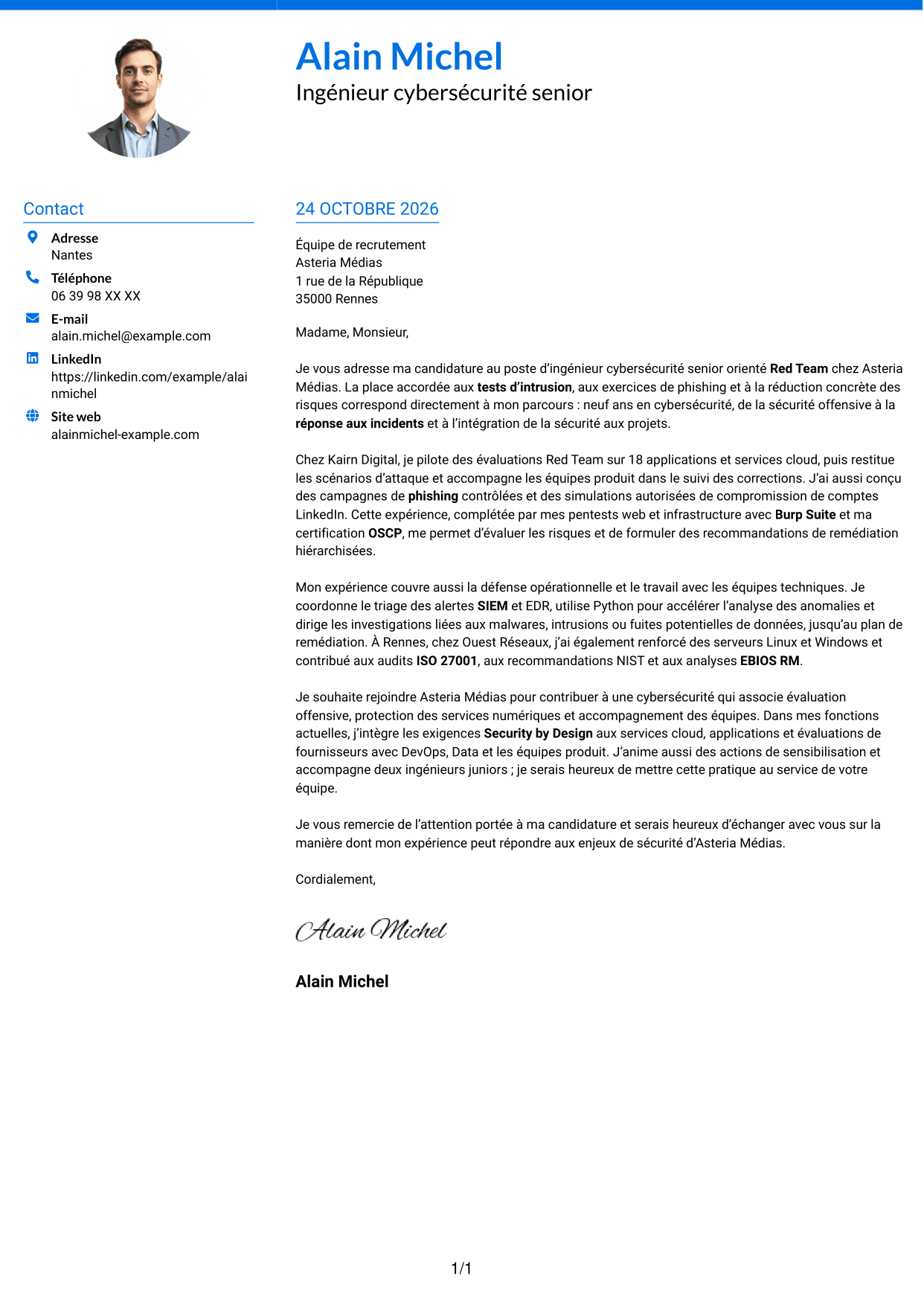 Lettre de motivation Audacieux (format à deux colonnes avec accents colorés et photo) : Ingénieur cybersécurité senior - Red Team, page 1