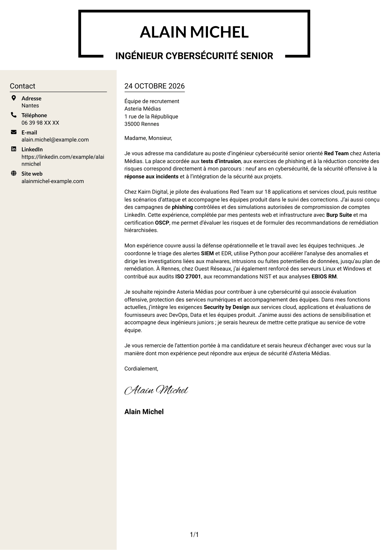 Lettre de motivation Fonceur (format à deux colonnes avec en-tête centré sans photo) : Ingénieur cybersécurité senior - Red Team, page 1