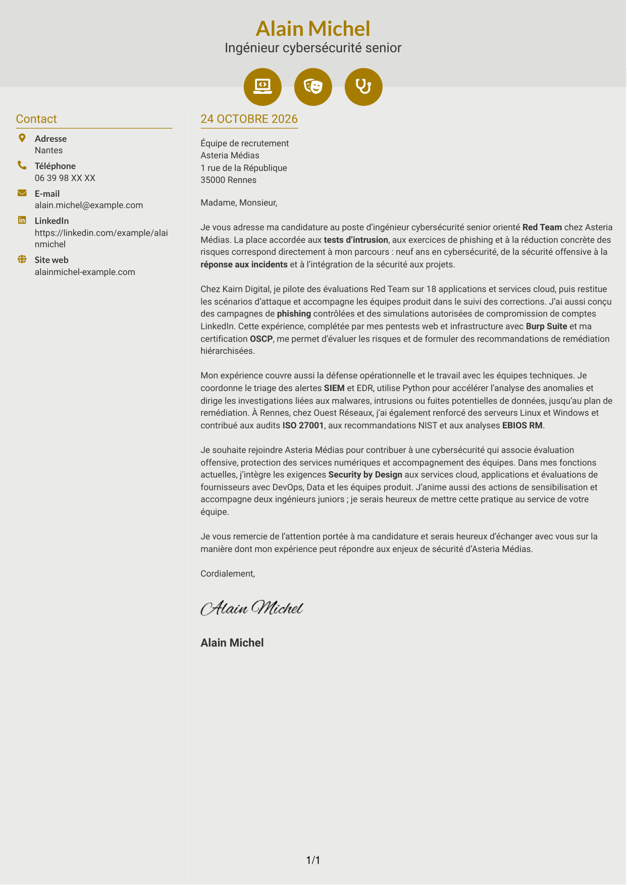 Lettre de motivation Dynamique (format à deux colonnes avec icônes) : Ingénieur cybersécurité senior - Red Team, page 1