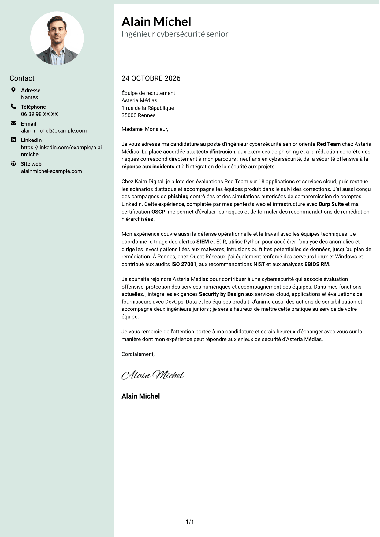 Lettre de motivation Cadre (format à colonne latérale douce avec photo arrondie) : Ingénieur cybersécurité senior - Red Team, page 1