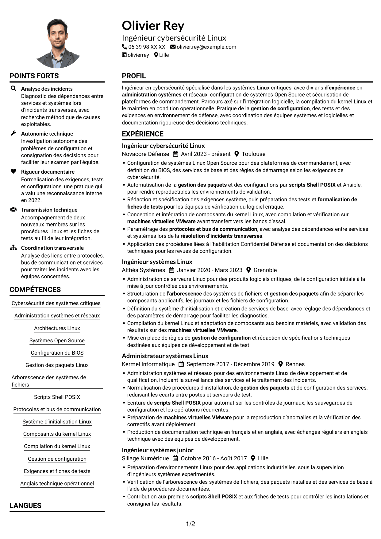 Ingénieur cybersécurité - Systèmes Linux critiques CV, page 1