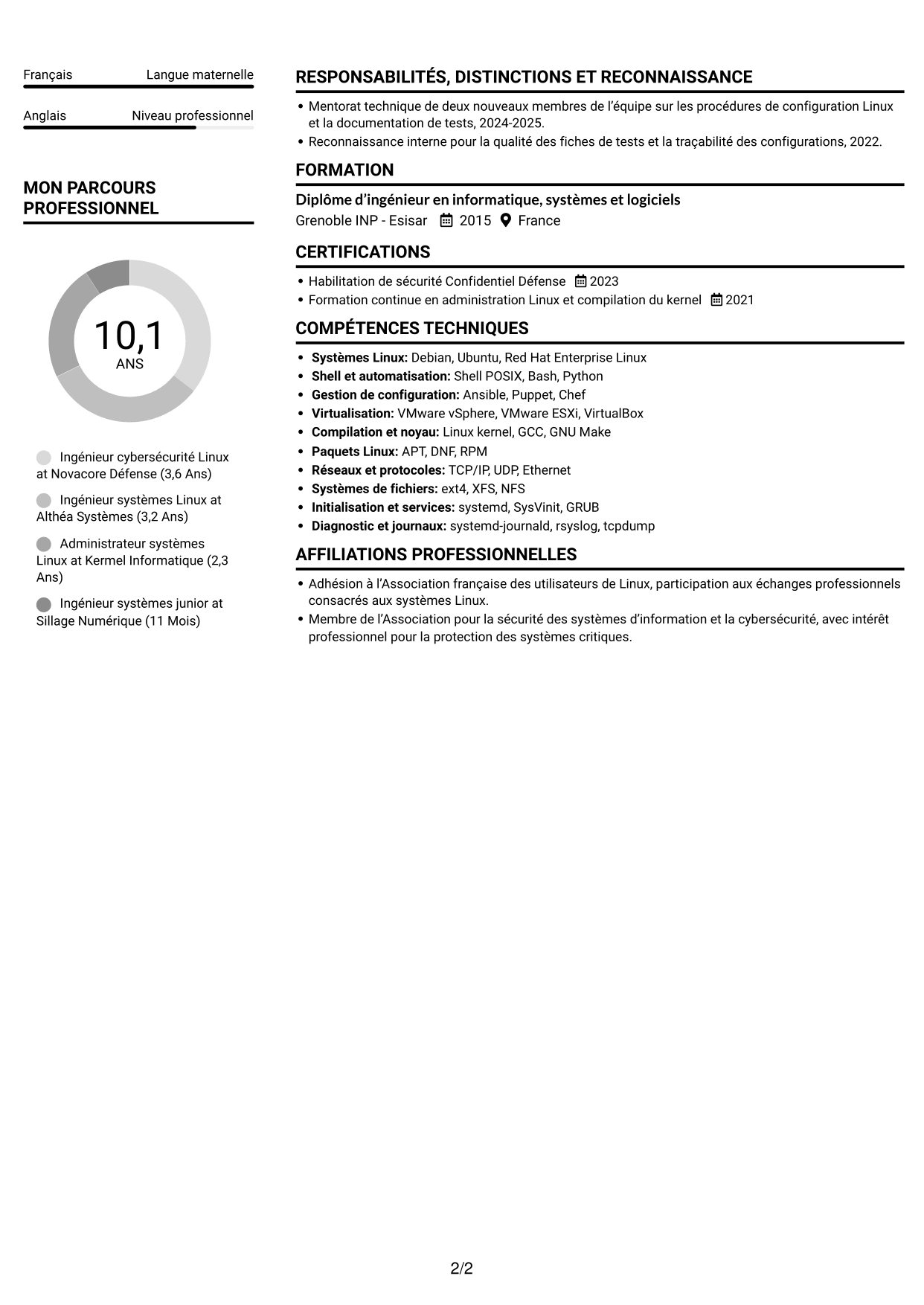 CV Compact (format sobre à deux colonnes avec photo) : Ingénieur cybersécurité - Systèmes Linux critiques, page 2
