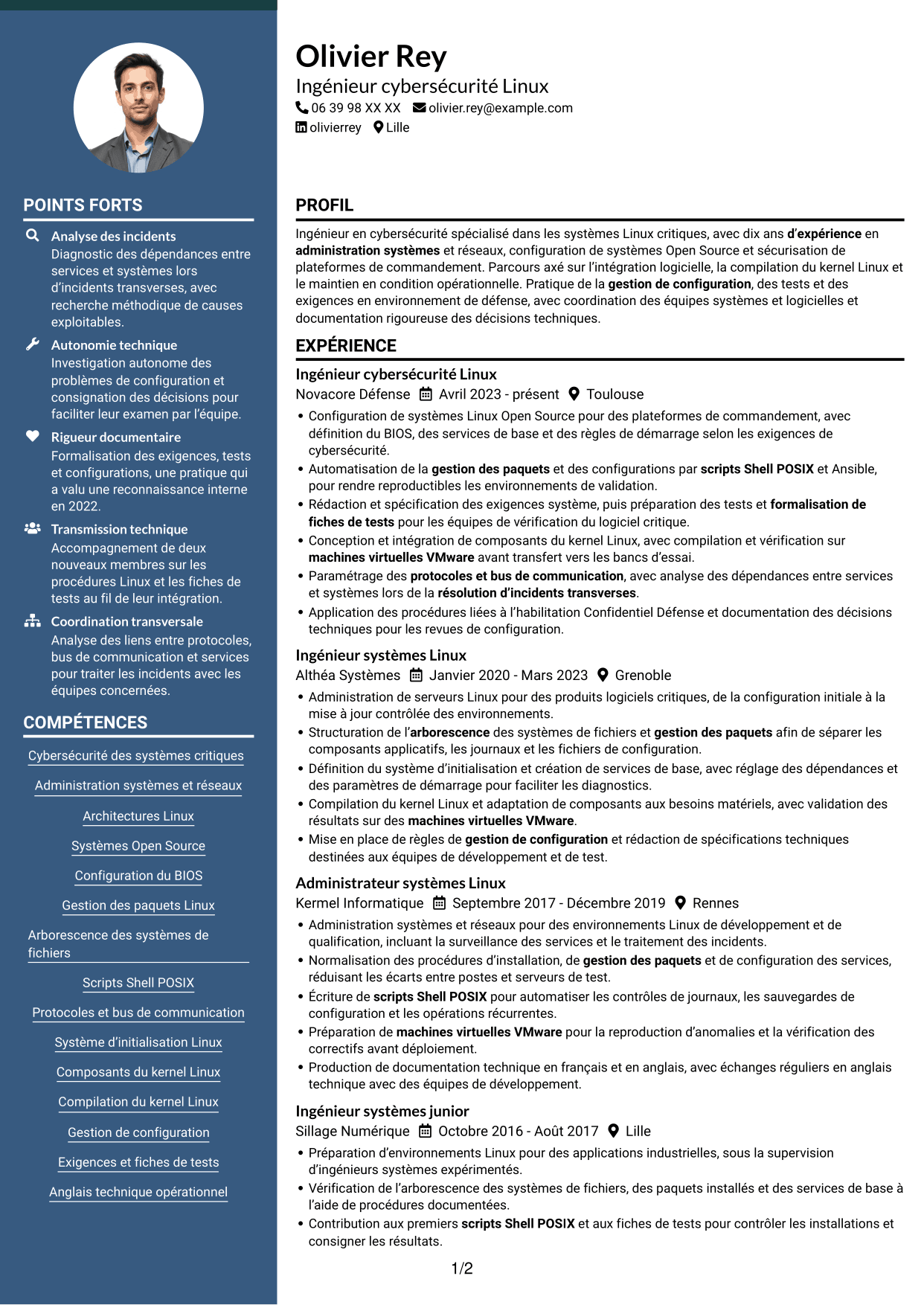 CV Élégant (format à colonne latérale colorée avec photo) : Ingénieur cybersécurité - Systèmes Linux critiques, page 1