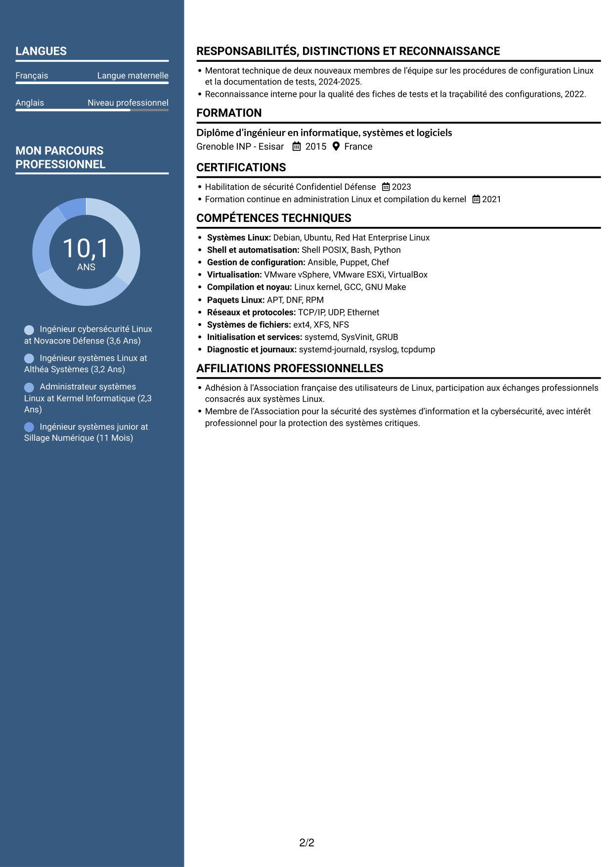 CV Élégant (format à colonne latérale colorée avec photo) : Ingénieur cybersécurité - Systèmes Linux critiques, page 2