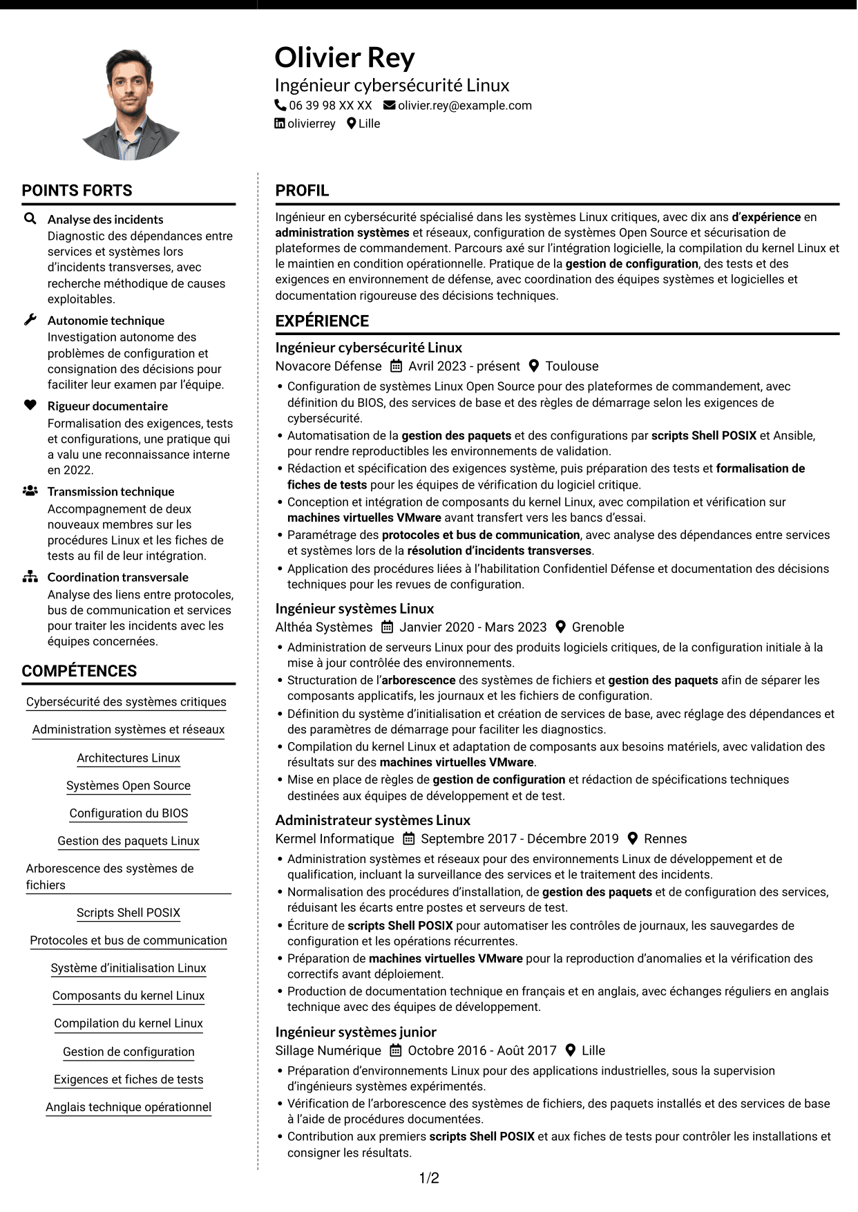 CV Moderne (format à deux colonnes avec photo à gauche et séparateur) : Ingénieur cybersécurité - Systèmes Linux critiques, page 1