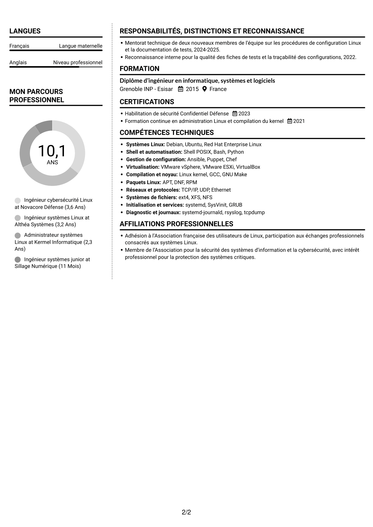 CV Moderne (format à deux colonnes avec photo à gauche et séparateur) : Ingénieur cybersécurité - Systèmes Linux critiques, page 2