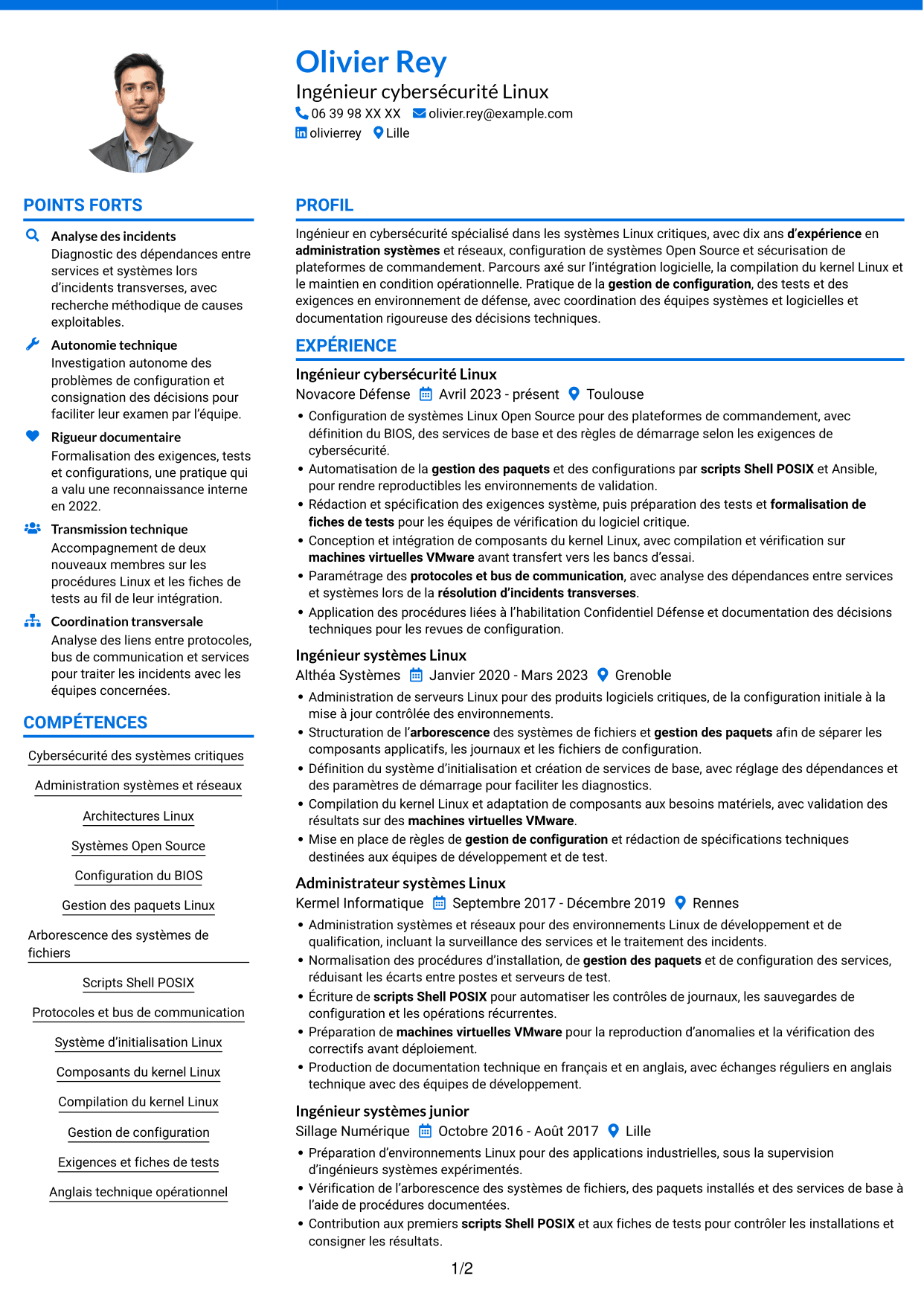 CV Audacieux (format à deux colonnes avec accents colorés et photo) : Ingénieur cybersécurité - Systèmes Linux critiques, page 1