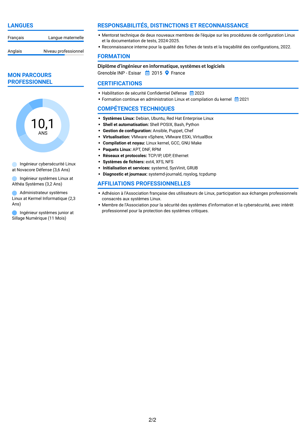 CV Audacieux (format à deux colonnes avec accents colorés et photo) : Ingénieur cybersécurité - Systèmes Linux critiques, page 2
