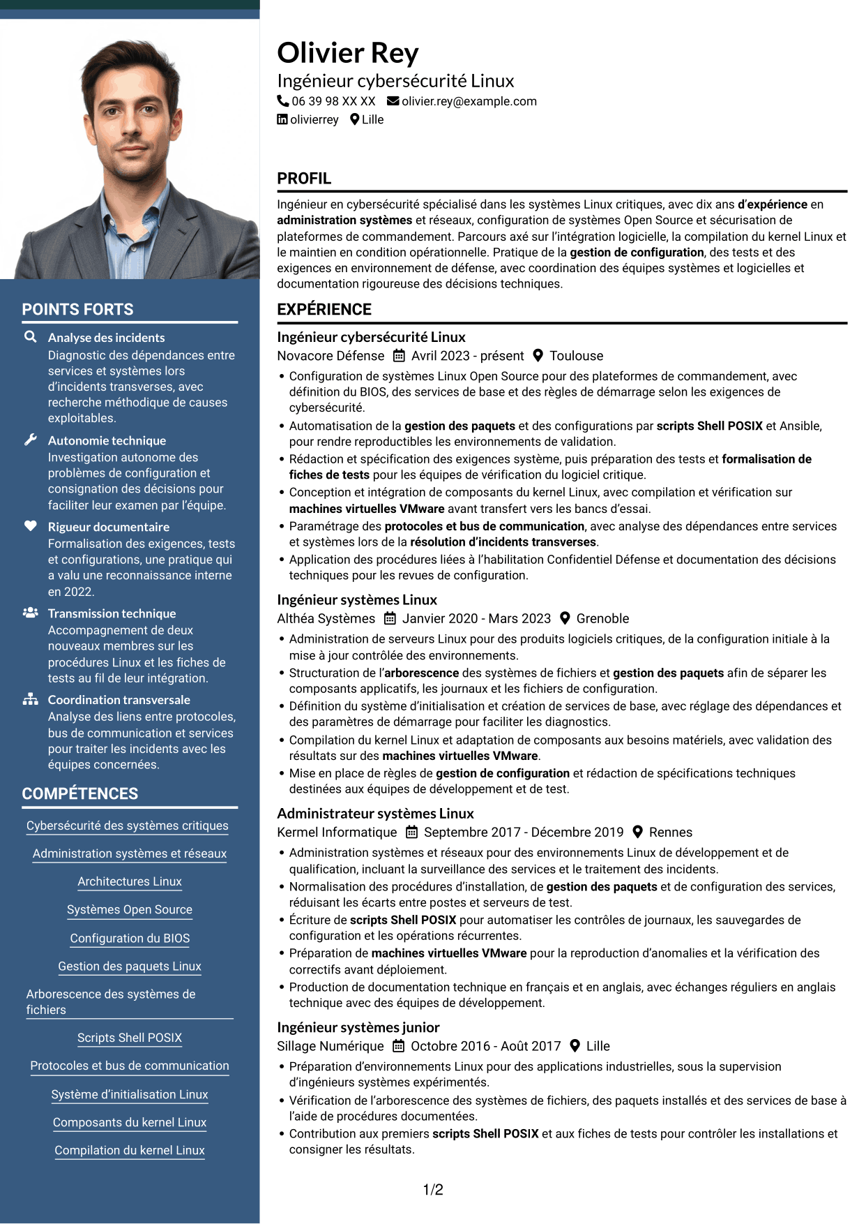CV Signature (format à colonne latérale colorée avec grande photo) : Ingénieur cybersécurité - Systèmes Linux critiques, page 1