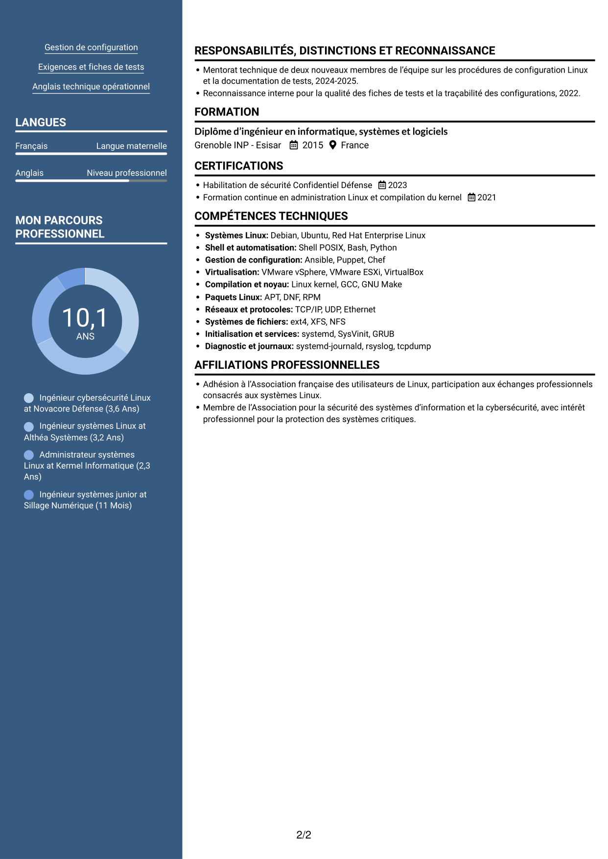 CV Signature (format à colonne latérale colorée avec grande photo) : Ingénieur cybersécurité - Systèmes Linux critiques, page 2