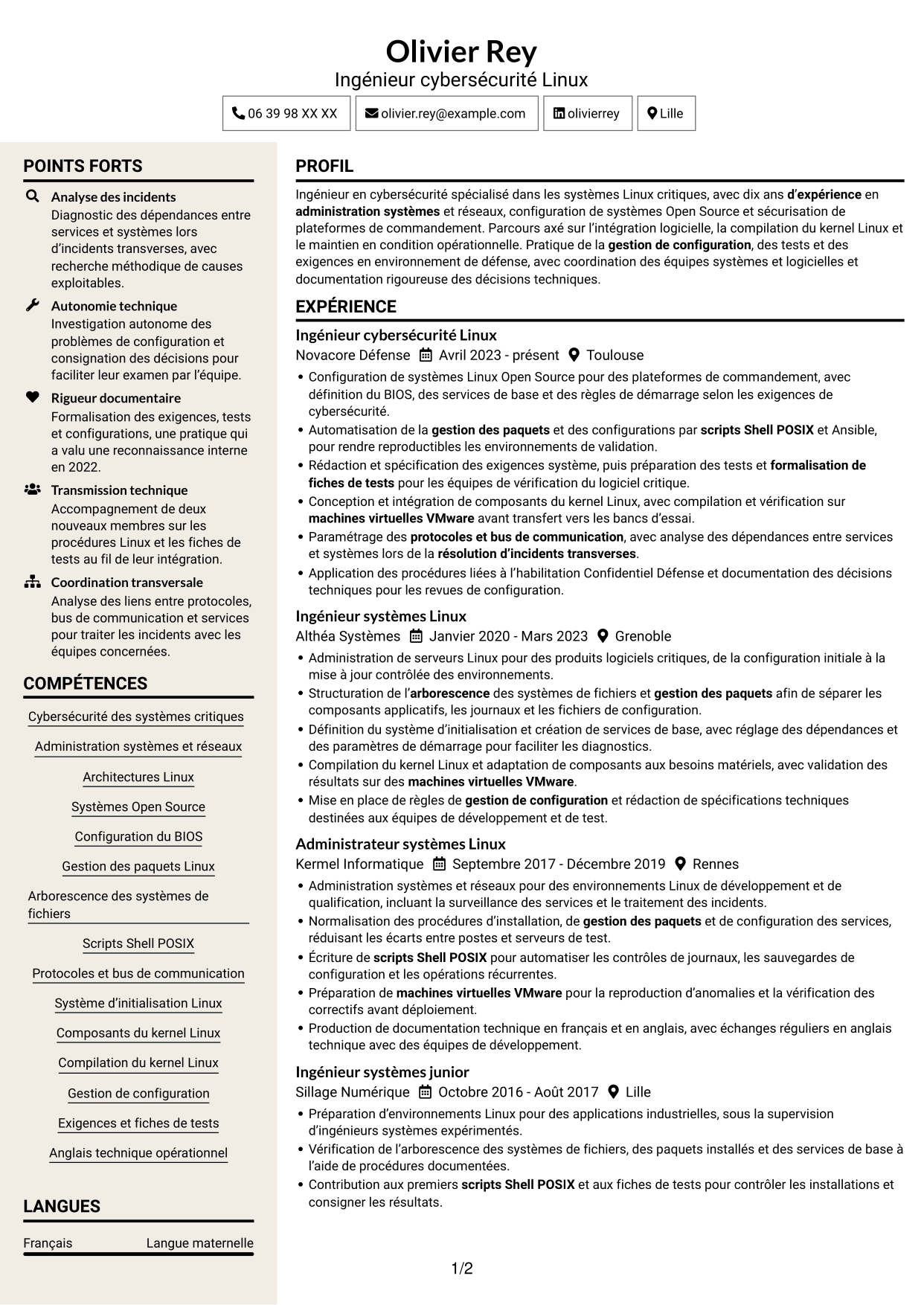 CV Fonceur (format à deux colonnes avec en-tête centré sans photo) : Ingénieur cybersécurité - Systèmes Linux critiques, page 1