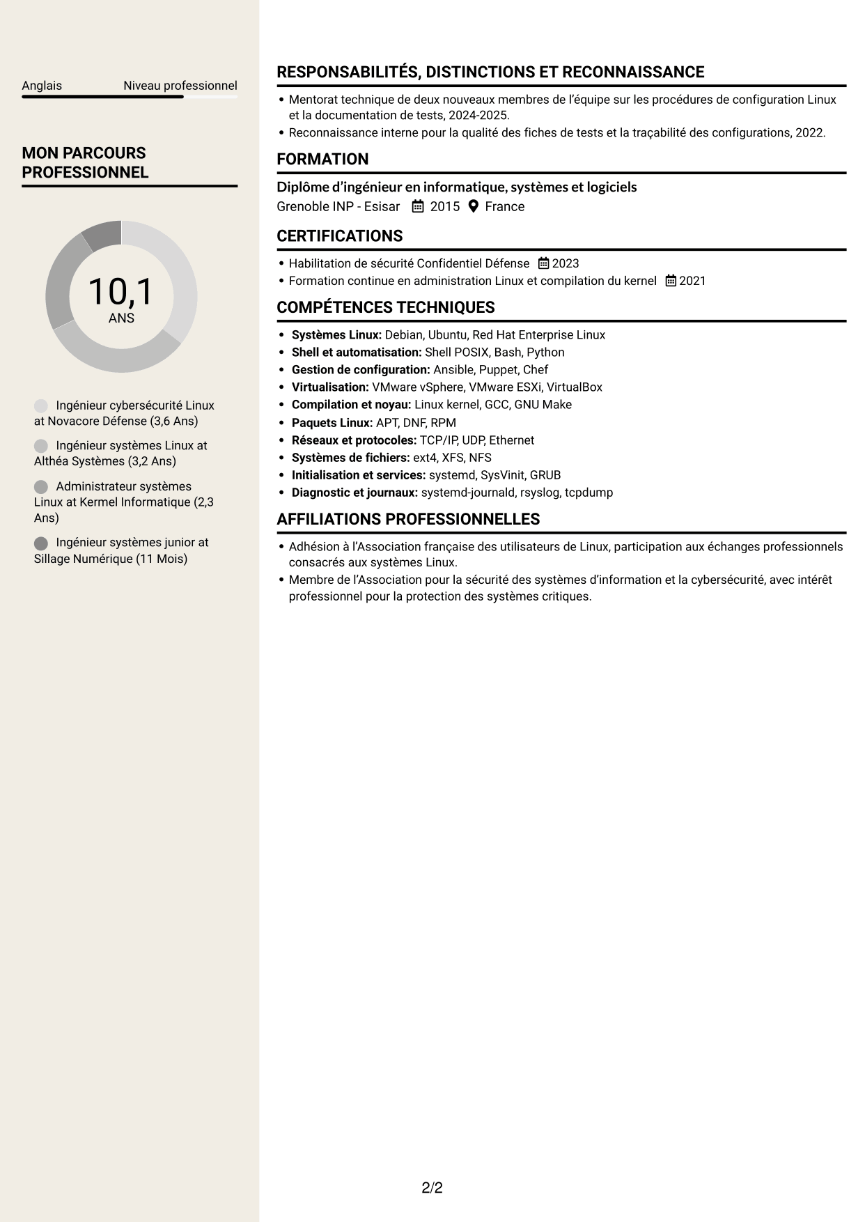 CV Fonceur (format à deux colonnes avec en-tête centré sans photo) : Ingénieur cybersécurité - Systèmes Linux critiques, page 2