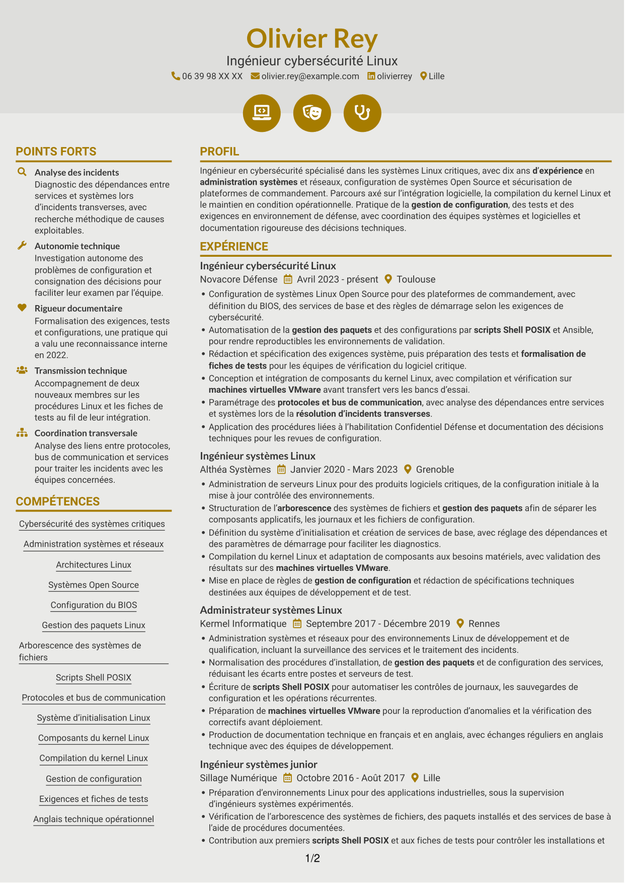 CV Dynamique (format à deux colonnes avec icônes) : Ingénieur cybersécurité - Systèmes Linux critiques, page 1