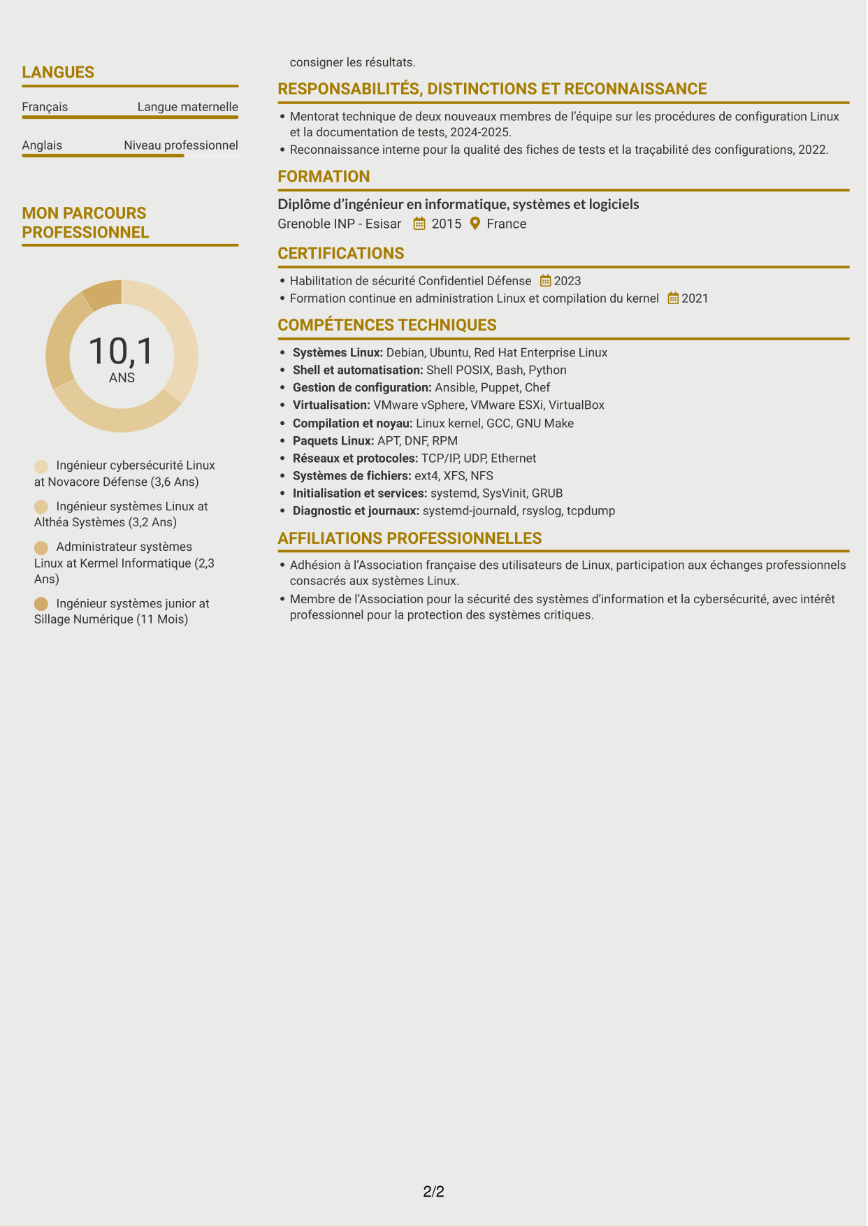 CV Dynamique (format à deux colonnes avec icônes) : Ingénieur cybersécurité - Systèmes Linux critiques, page 2