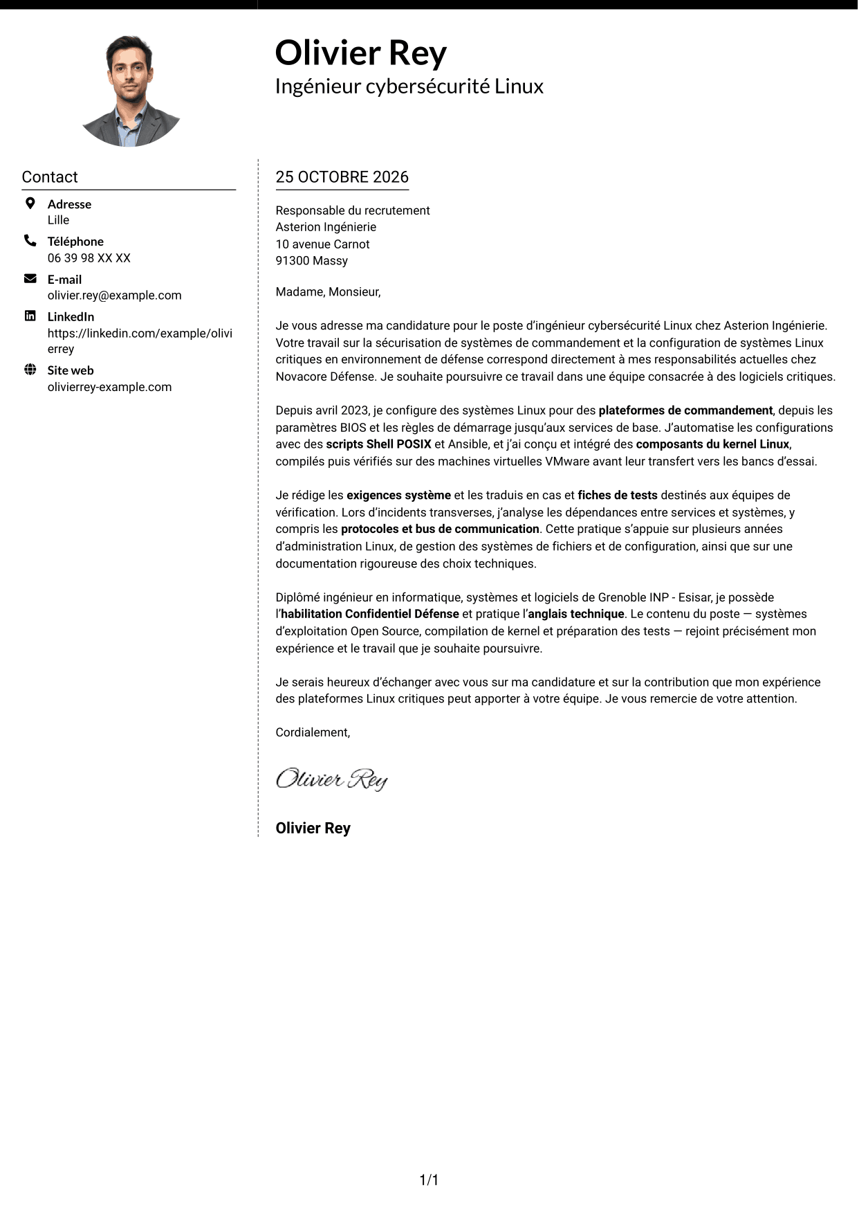Lettre de motivation Moderne (format à deux colonnes avec photo à gauche et séparateur) : Ingénieur cybersécurité - Systèmes Linux critiques, page 1