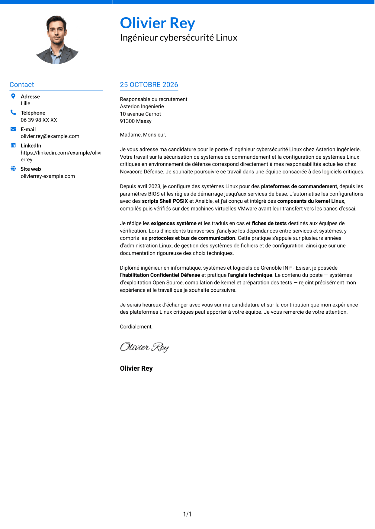 Lettre de motivation Audacieux (format à deux colonnes avec accents colorés et photo) : Ingénieur cybersécurité - Systèmes Linux critiques, page 1