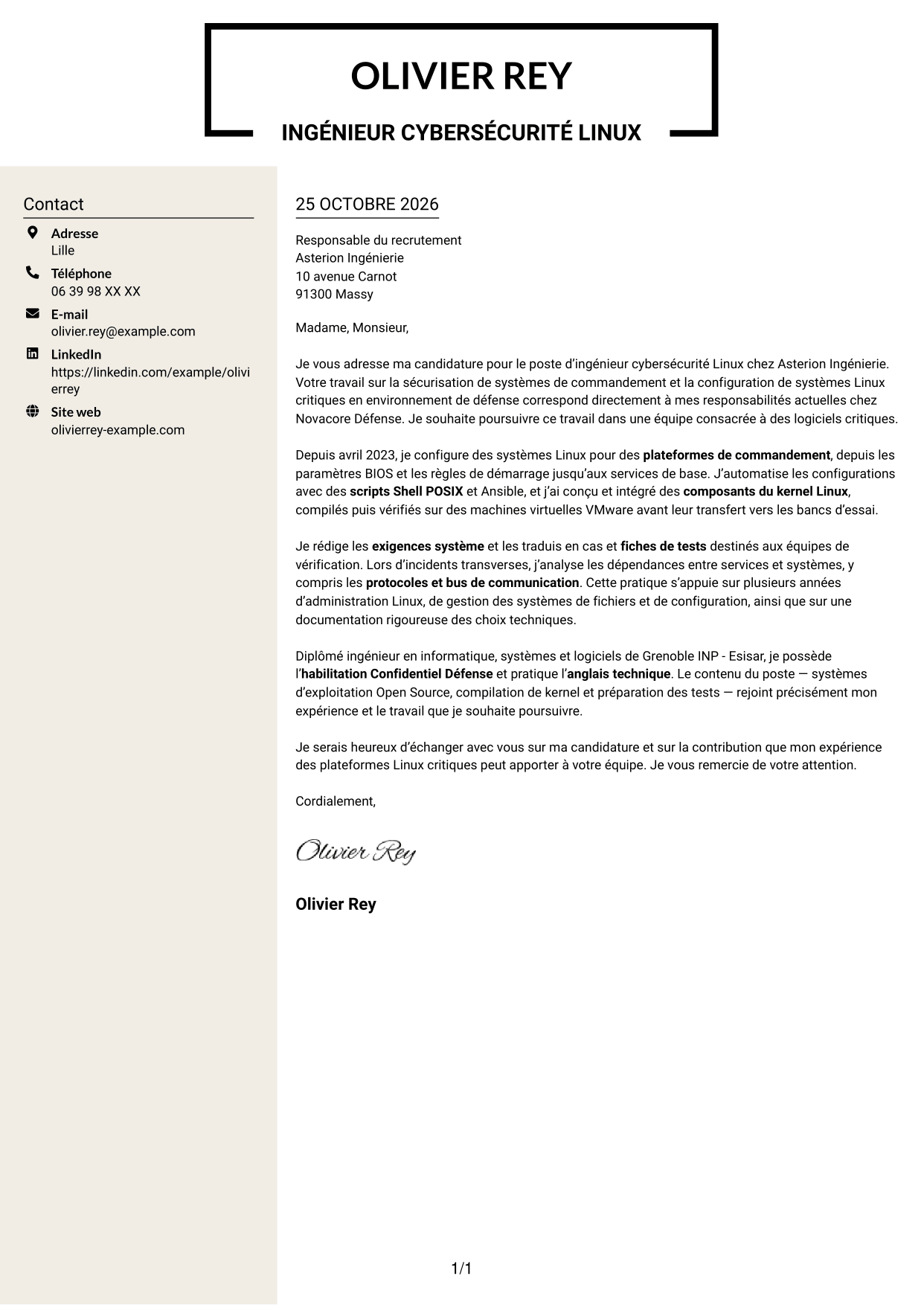 Lettre de motivation Fonceur (format à deux colonnes avec en-tête centré sans photo) : Ingénieur cybersécurité - Systèmes Linux critiques, page 1
