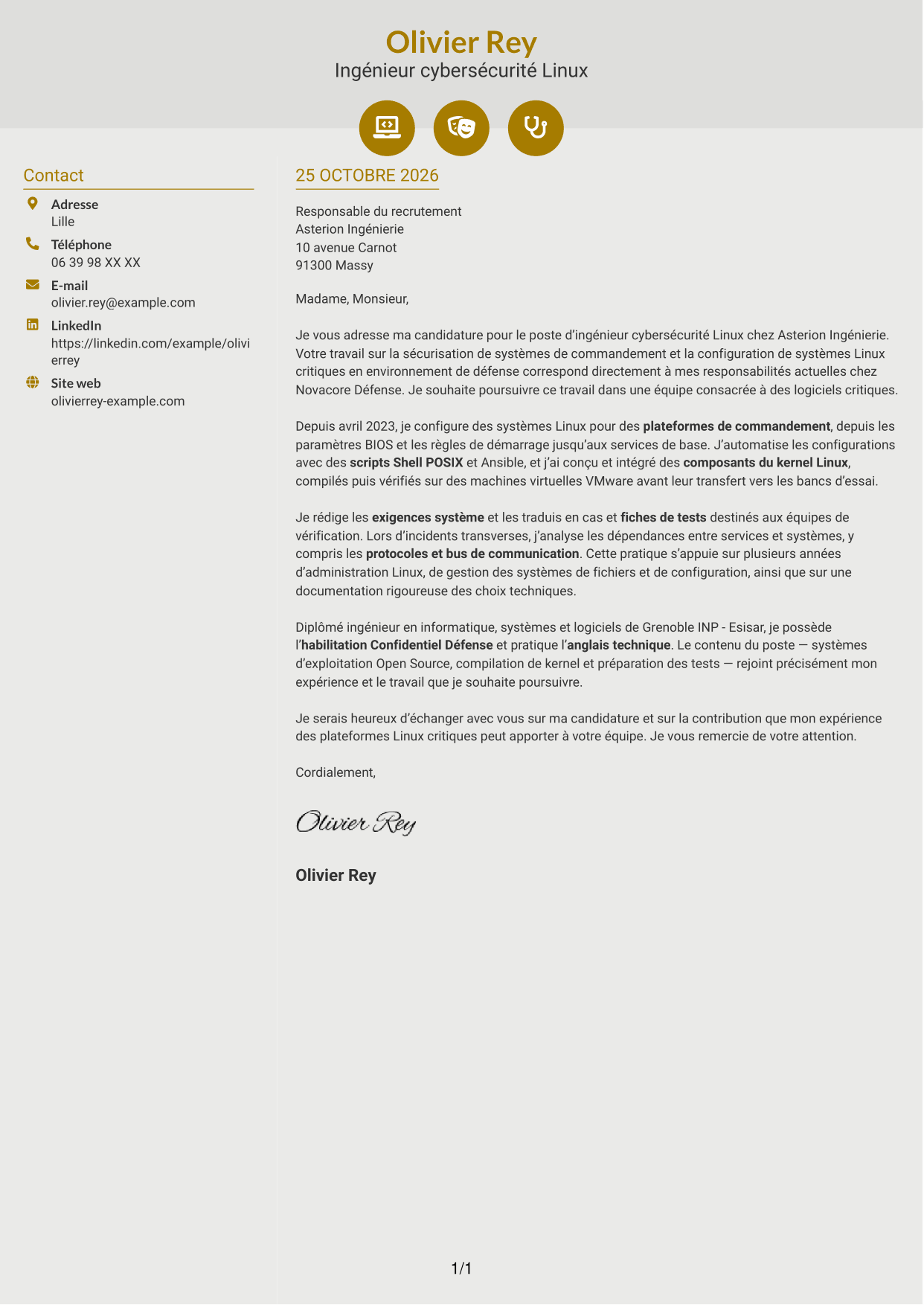 Lettre de motivation Dynamique (format à deux colonnes avec icônes) : Ingénieur cybersécurité - Systèmes Linux critiques, page 1