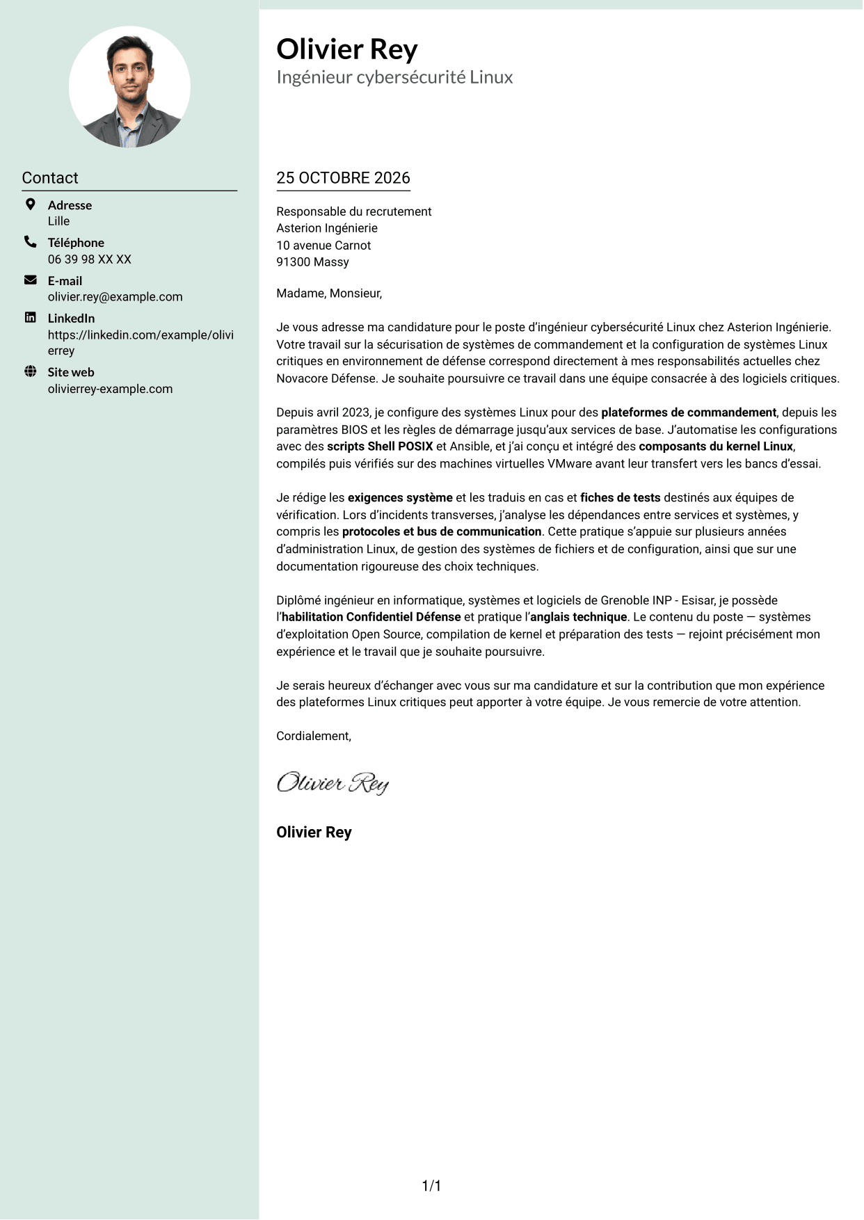 Lettre de motivation Cadre (format à colonne latérale douce avec photo arrondie) : Ingénieur cybersécurité - Systèmes Linux critiques, page 1