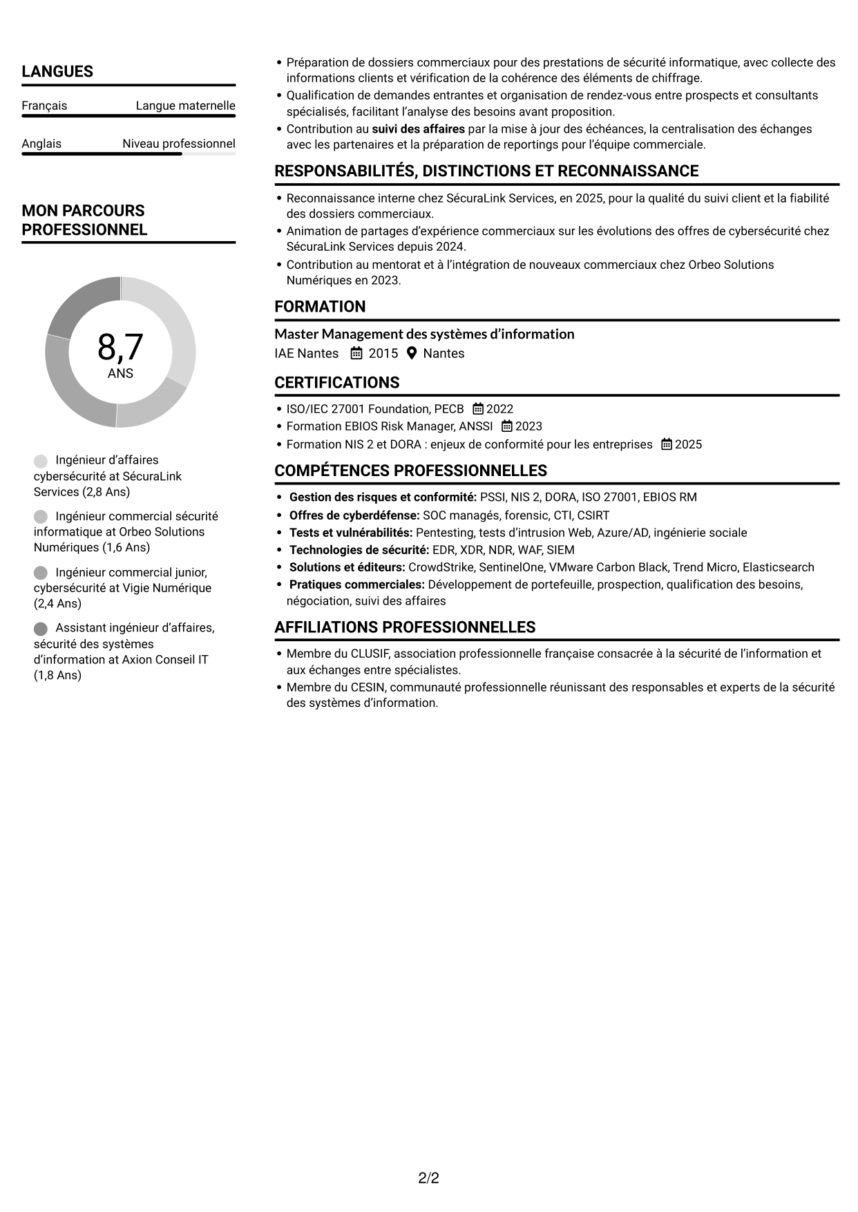 CV Compact (format sobre à deux colonnes avec photo) : Ingénieur d’Affaires - Cyberdéfense, page 2