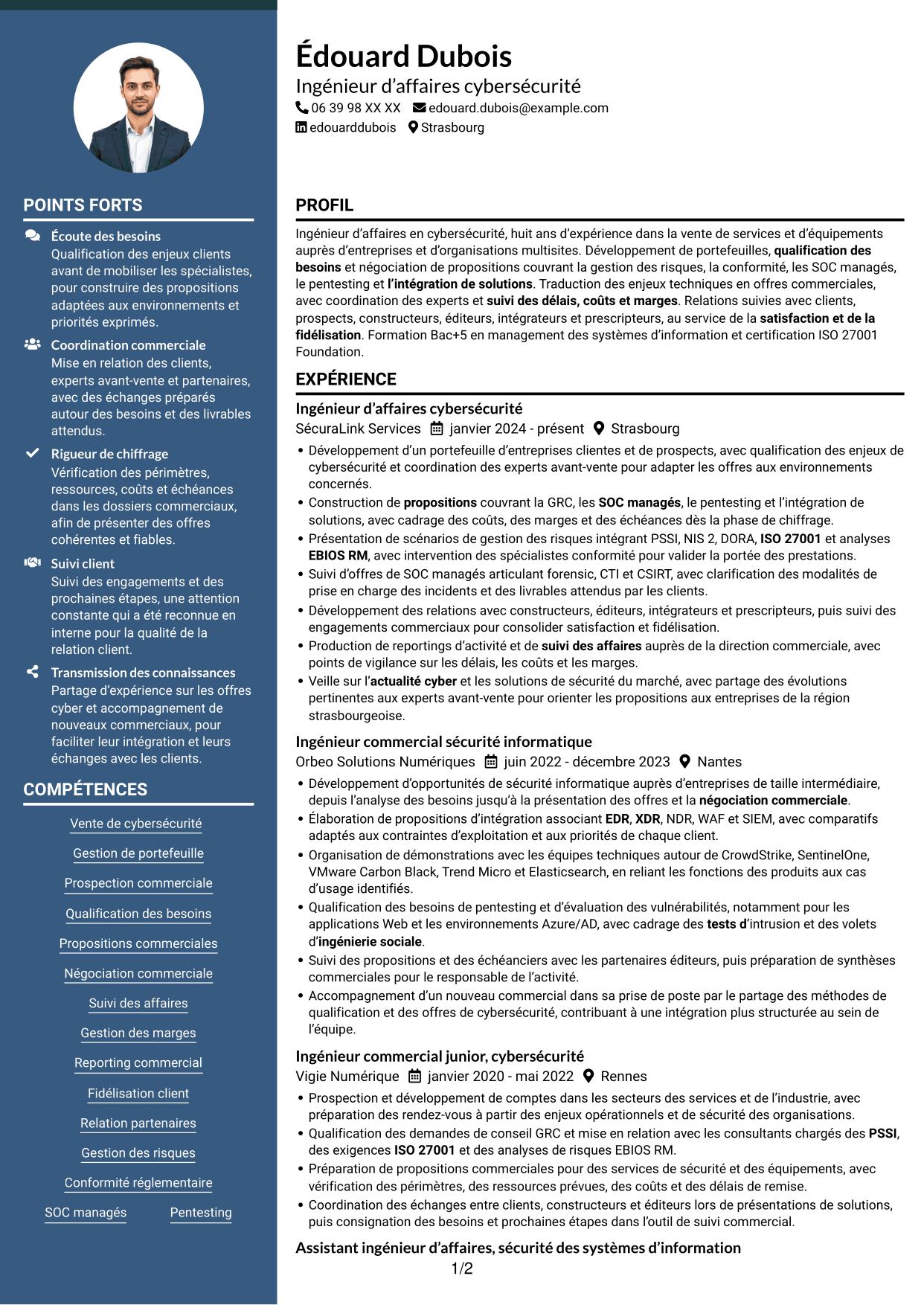 CV Élégant (format à colonne latérale colorée avec photo) : Ingénieur d’Affaires - Cyberdéfense, page 1