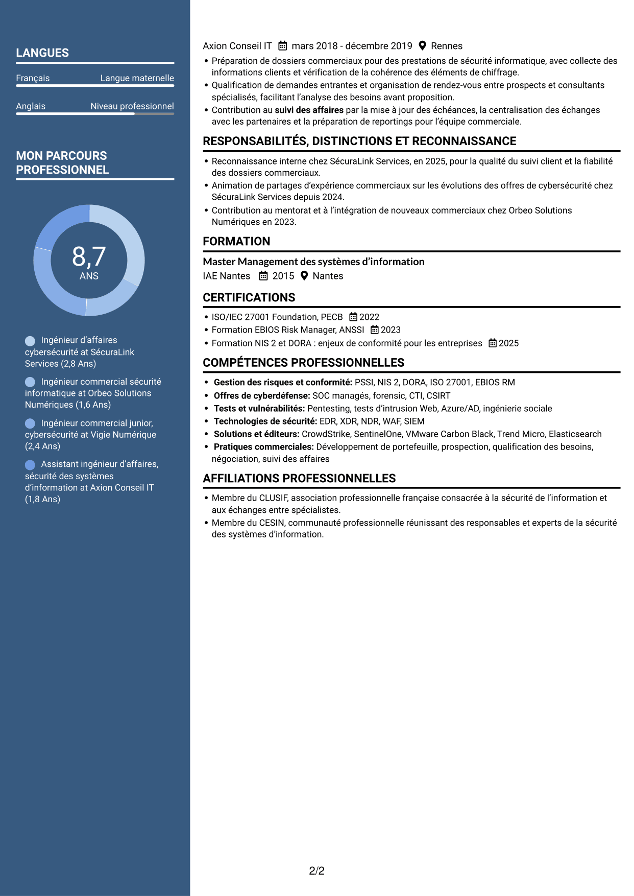 CV Élégant (format à colonne latérale colorée avec photo) : Ingénieur d’Affaires - Cyberdéfense, page 2