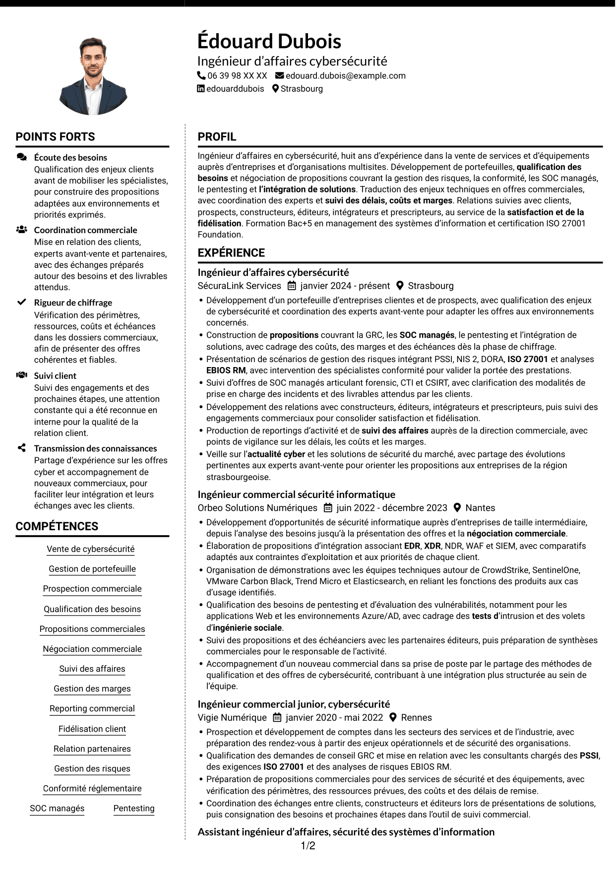 CV Moderne (format à deux colonnes avec photo à gauche et séparateur) : Ingénieur d’Affaires - Cyberdéfense, page 1