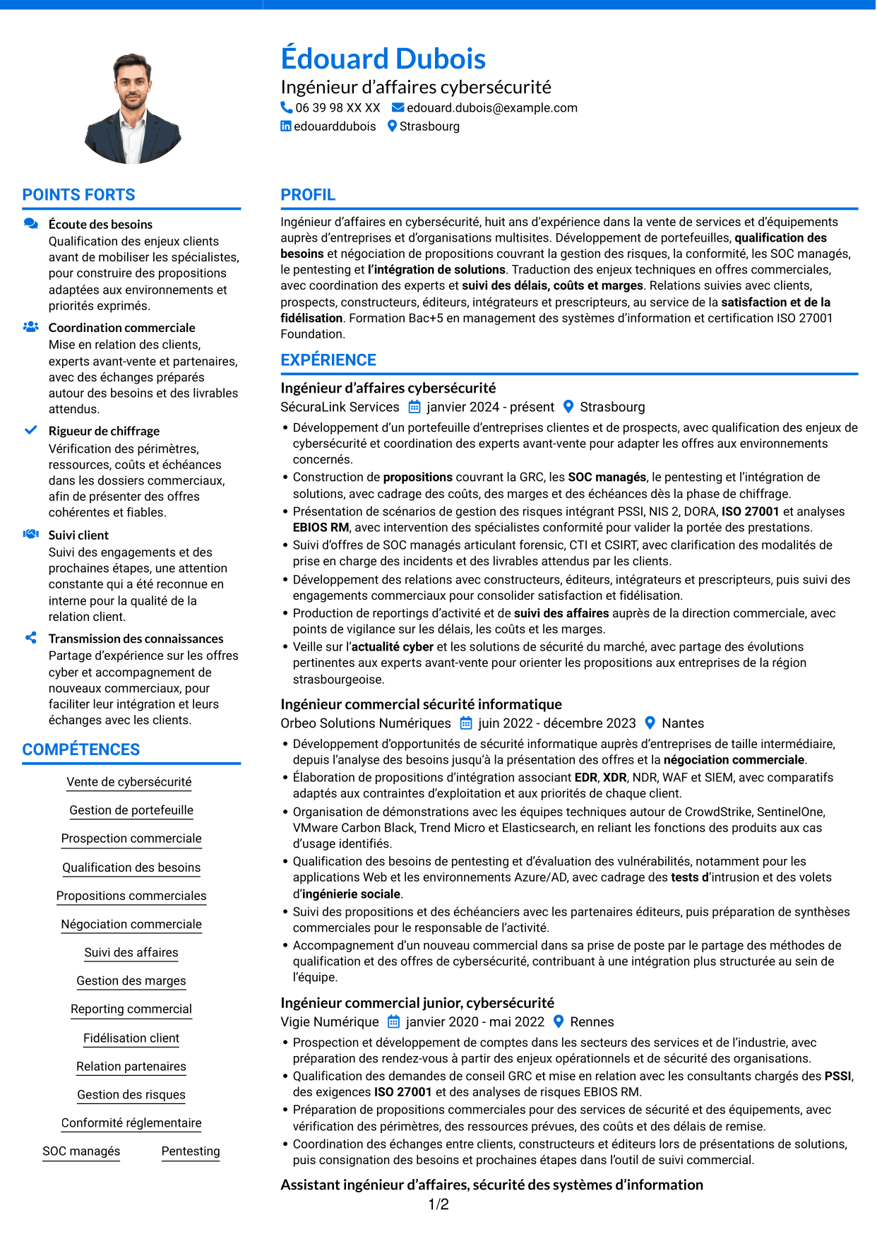 CV Audacieux (format à deux colonnes avec accents colorés et photo) : Ingénieur d’Affaires - Cyberdéfense, page 1