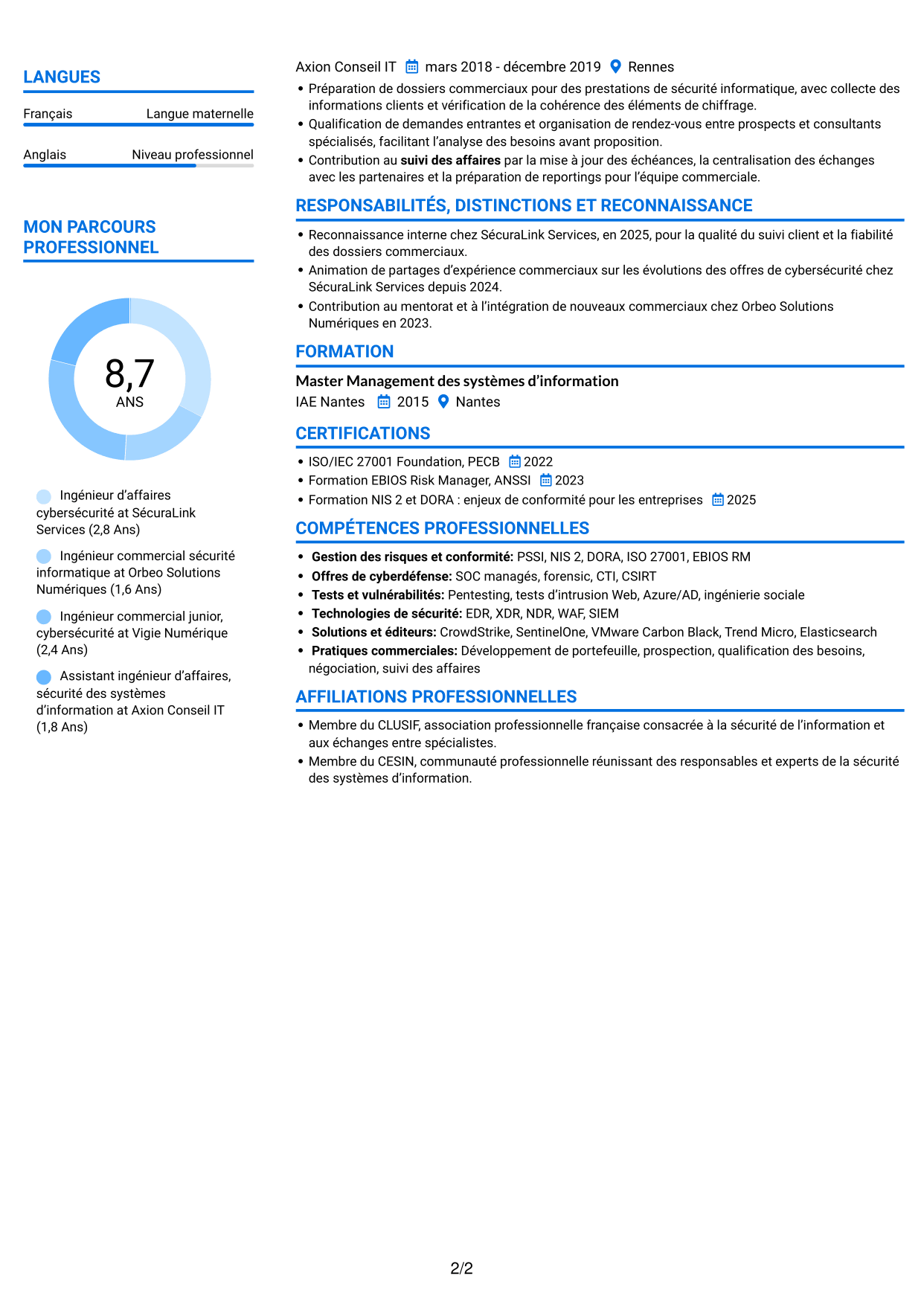 CV Audacieux (format à deux colonnes avec accents colorés et photo) : Ingénieur d’Affaires - Cyberdéfense, page 2
