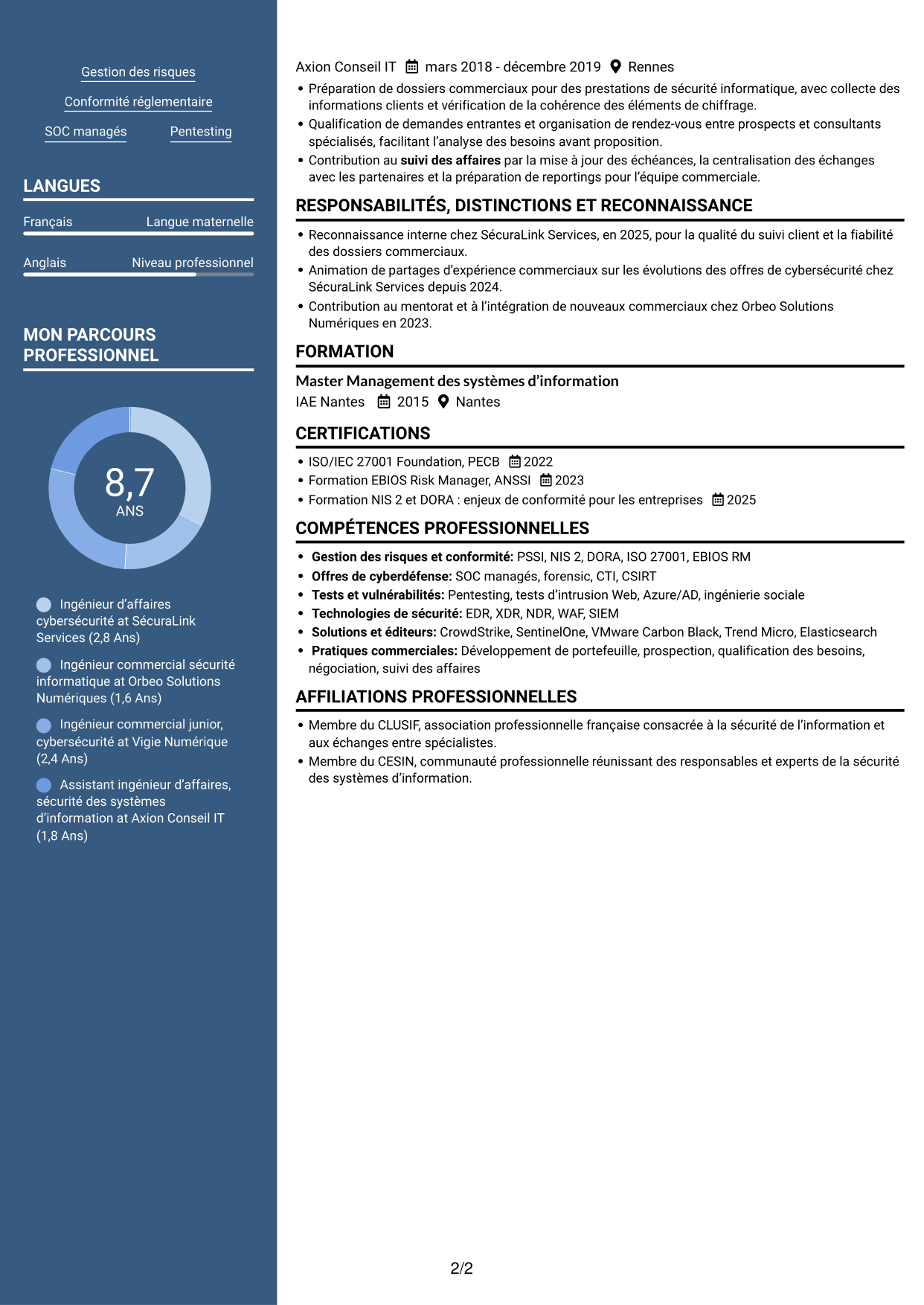 CV Signature (format à colonne latérale colorée avec grande photo) : Ingénieur d’Affaires - Cyberdéfense, page 2