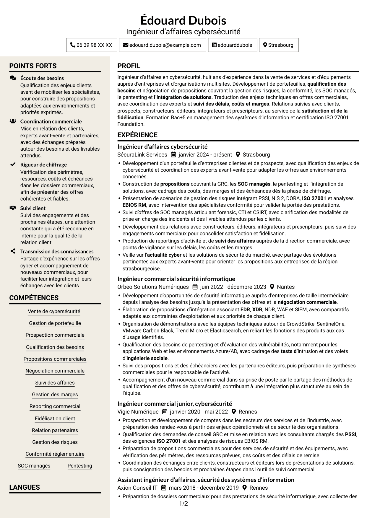 CV Fonceur (format à deux colonnes avec en-tête centré sans photo) : Ingénieur d’Affaires - Cyberdéfense, page 1