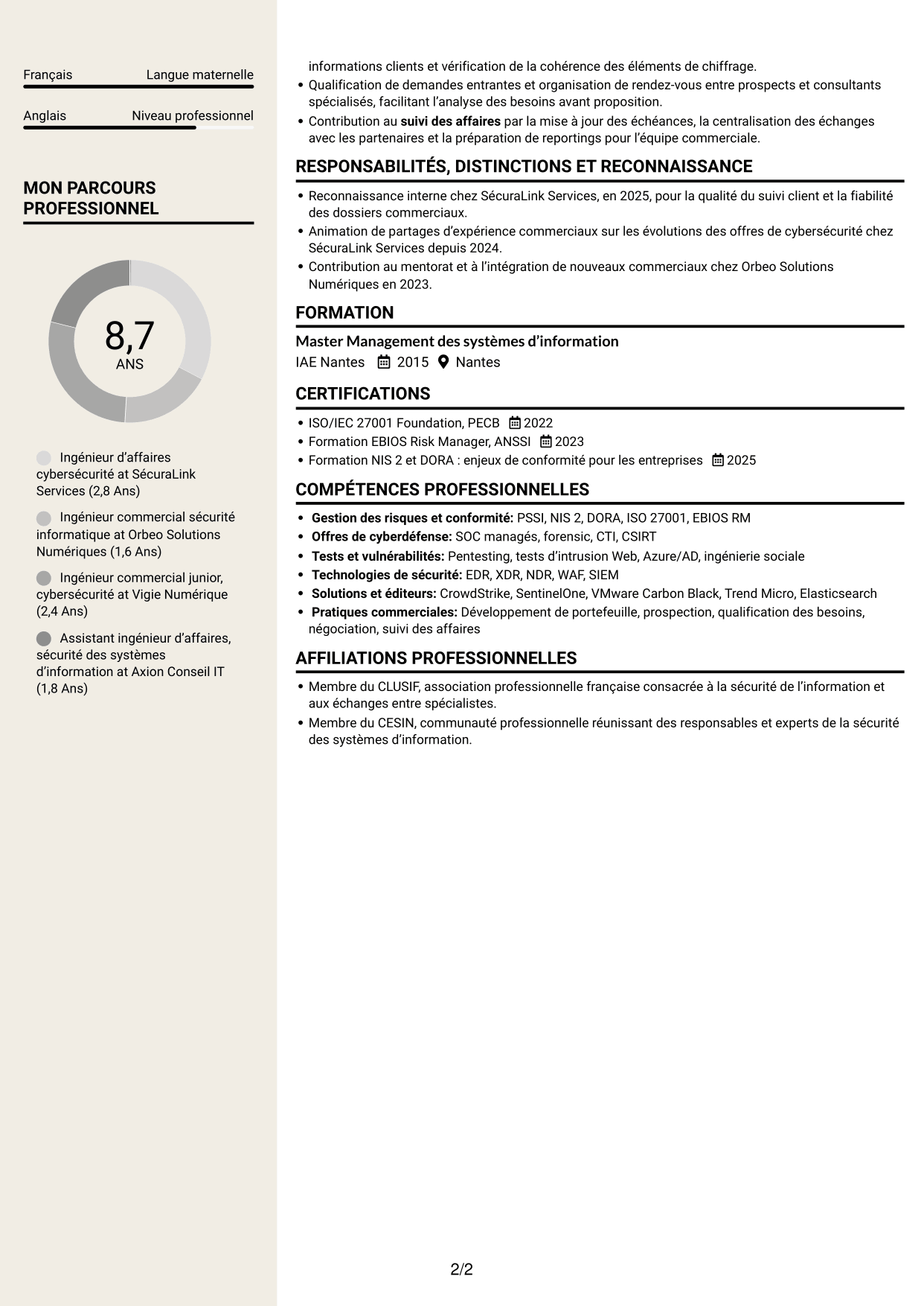 CV Fonceur (format à deux colonnes avec en-tête centré sans photo) : Ingénieur d’Affaires - Cyberdéfense, page 2