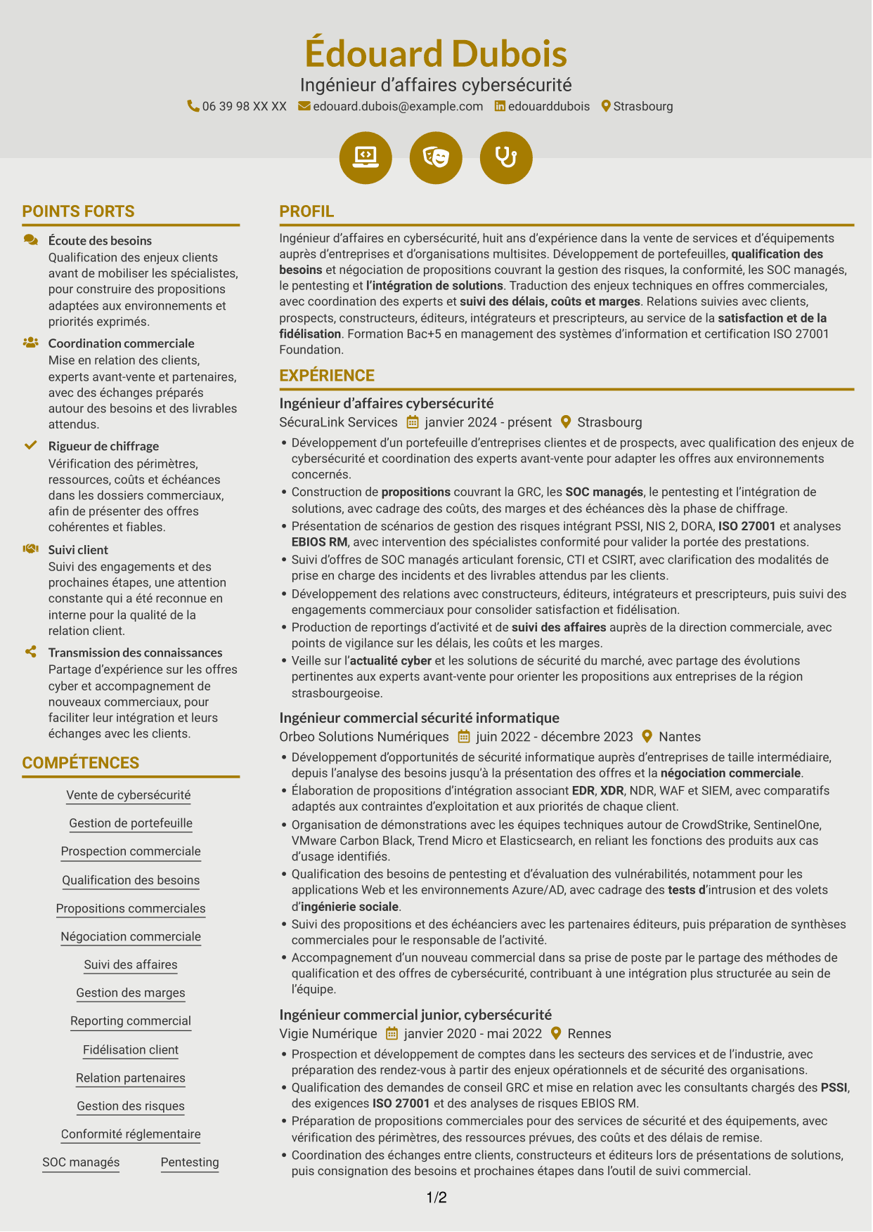 CV Dynamique (format à deux colonnes avec icônes) : Ingénieur d’Affaires - Cyberdéfense, page 1