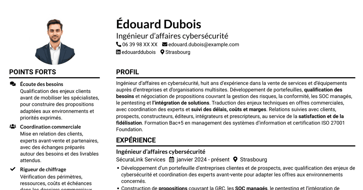 7 modèles de CV pour Ingénieur d’Affaires - Cyberdéfense, avec exemples