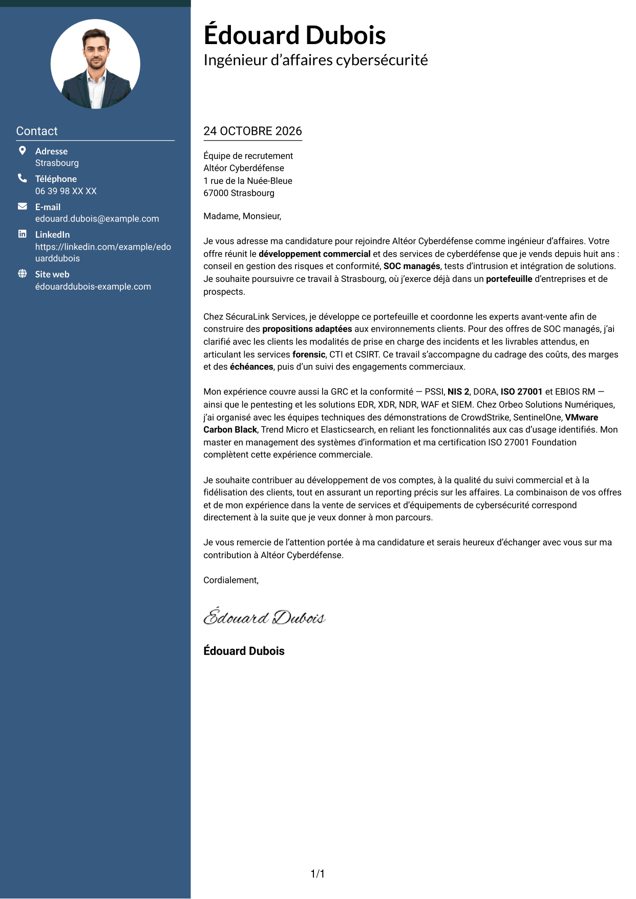 Lettre de motivation Élégant (format à colonne latérale colorée avec photo) : Ingénieur d’Affaires - Cyberdéfense, page 1