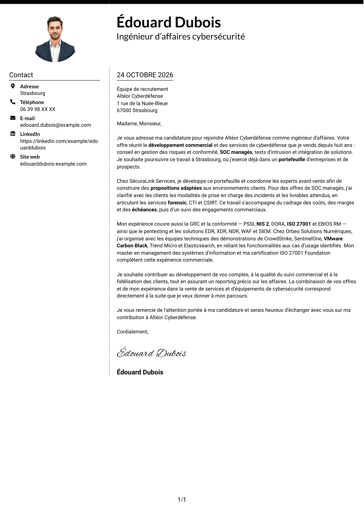 Lettre de motivation Moderne (format à deux colonnes avec photo à gauche et séparateur) : Ingénieur d’Affaires - Cyberdéfense, page 1