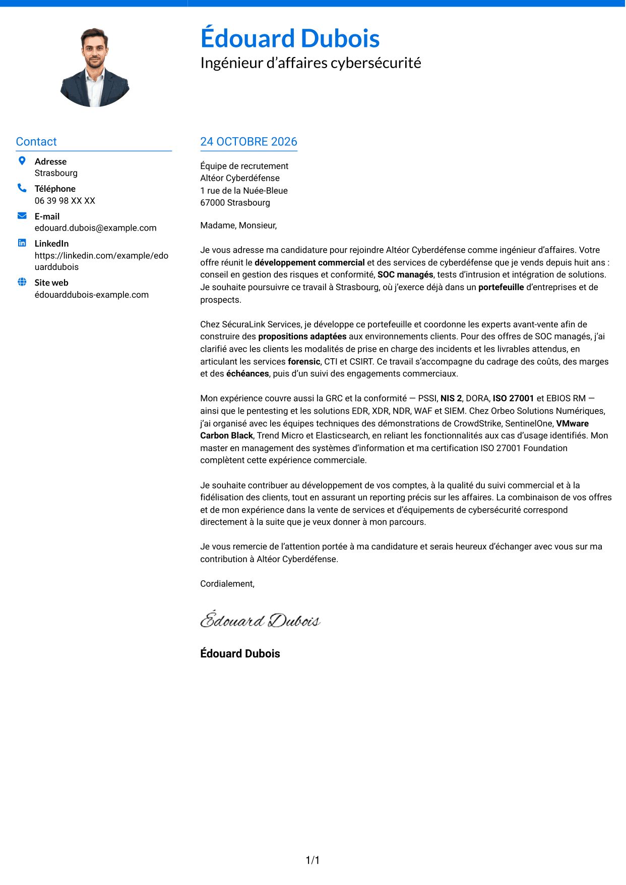 Lettre de motivation Audacieux (format à deux colonnes avec accents colorés et photo) : Ingénieur d’Affaires - Cyberdéfense, page 1