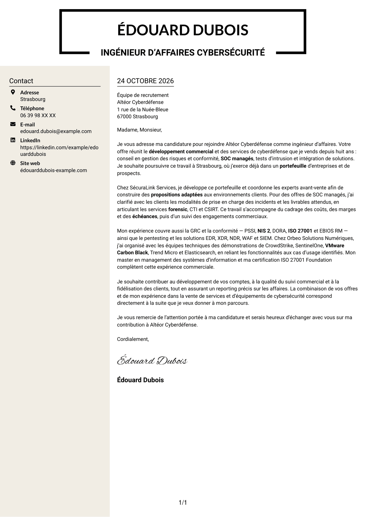 Lettre de motivation Fonceur (format à deux colonnes avec en-tête centré sans photo) : Ingénieur d’Affaires - Cyberdéfense, page 1