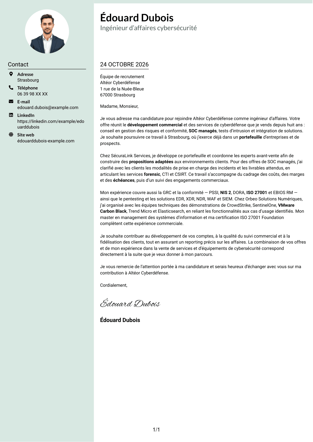 Lettre de motivation Cadre (format à colonne latérale douce avec photo arrondie) : Ingénieur d’Affaires - Cyberdéfense, page 1
