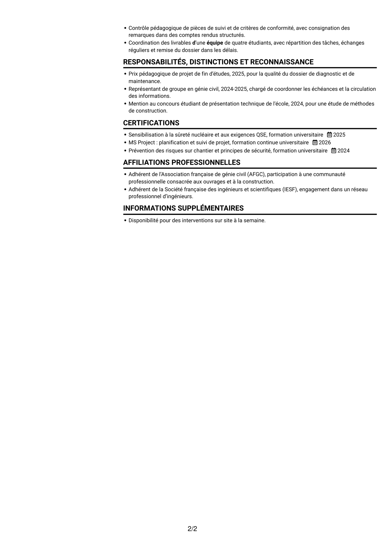 CV Compact (format sobre à deux colonnes avec photo) : Ingénieur débutant en génie civil - Maintenance nucléaire, page 2