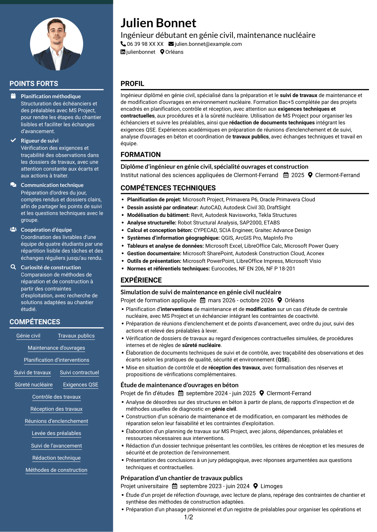 CV Élégant (format à colonne latérale colorée avec photo) : Ingénieur débutant en génie civil - Maintenance nucléaire, page 1
